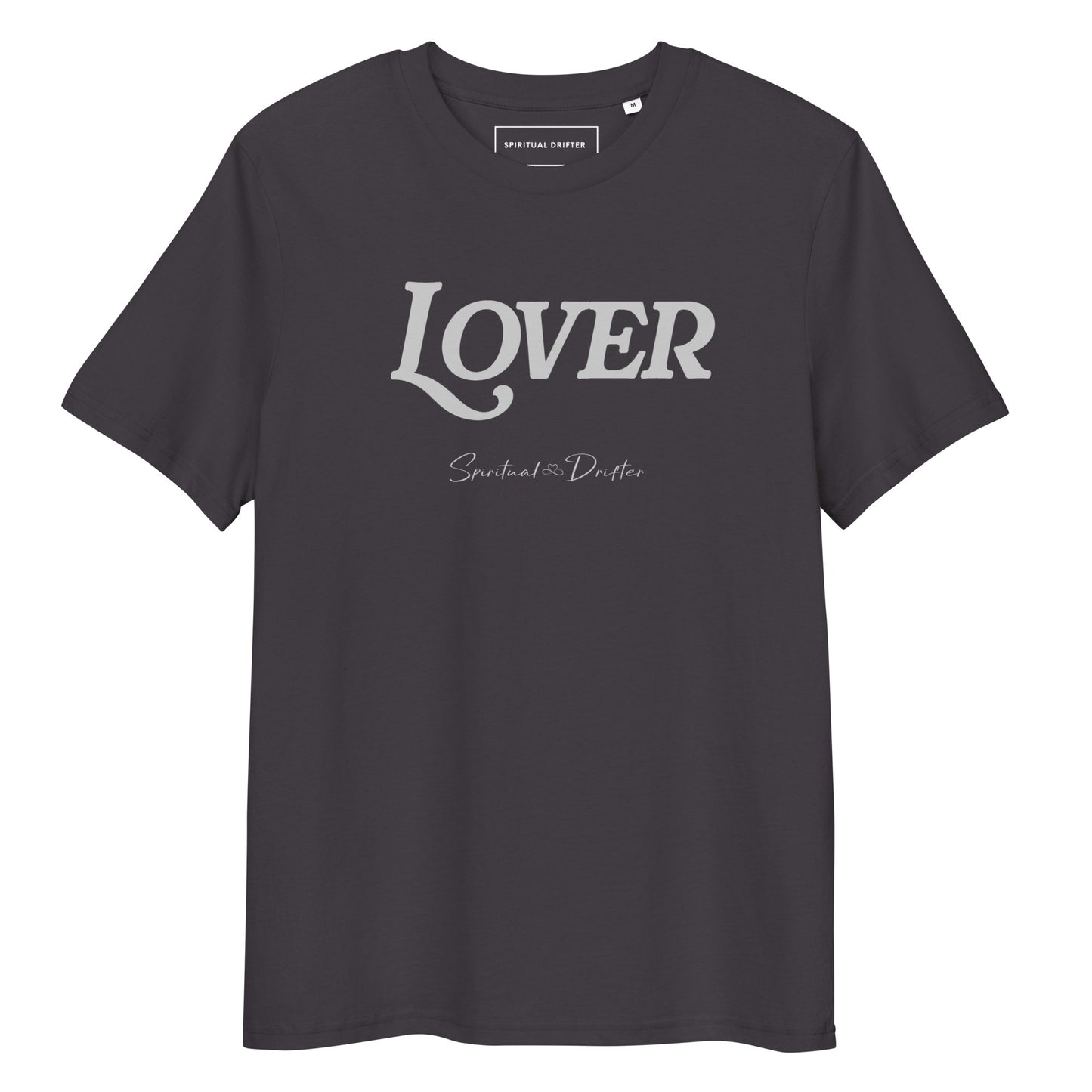 Spiritual Drifter “Lover” graphic unisex organic cotton t-shirt in gray – elevated spiritual apparel inspired by mindfulness, manifestation, coherence, meditation, and living in a state of initiation.