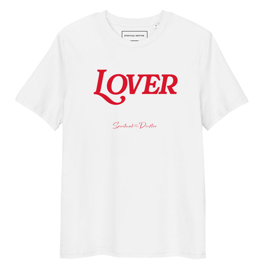 Spiritual Drifter “Lover” graphic unisex organic cotton t-shirt in white – elevated spiritual apparel inspired by mindfulness, manifestation, coherence, meditation, and living in a state of initiation.
