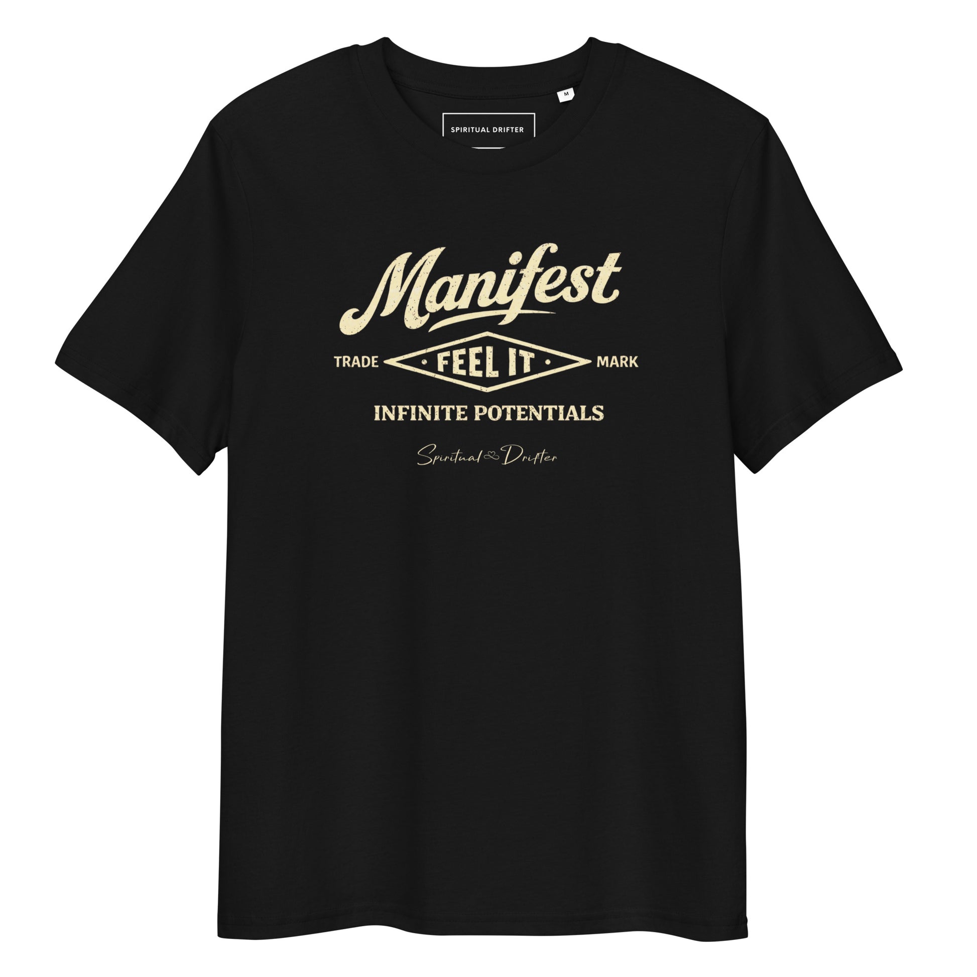 Spiritual Drifter “Manifest Feel It” graphic unisex organic cotton t-shirt in black– elevated spiritual apparel inspired by mindfulness, manifestation, coherence, meditation and living in a state of surrender and flow.