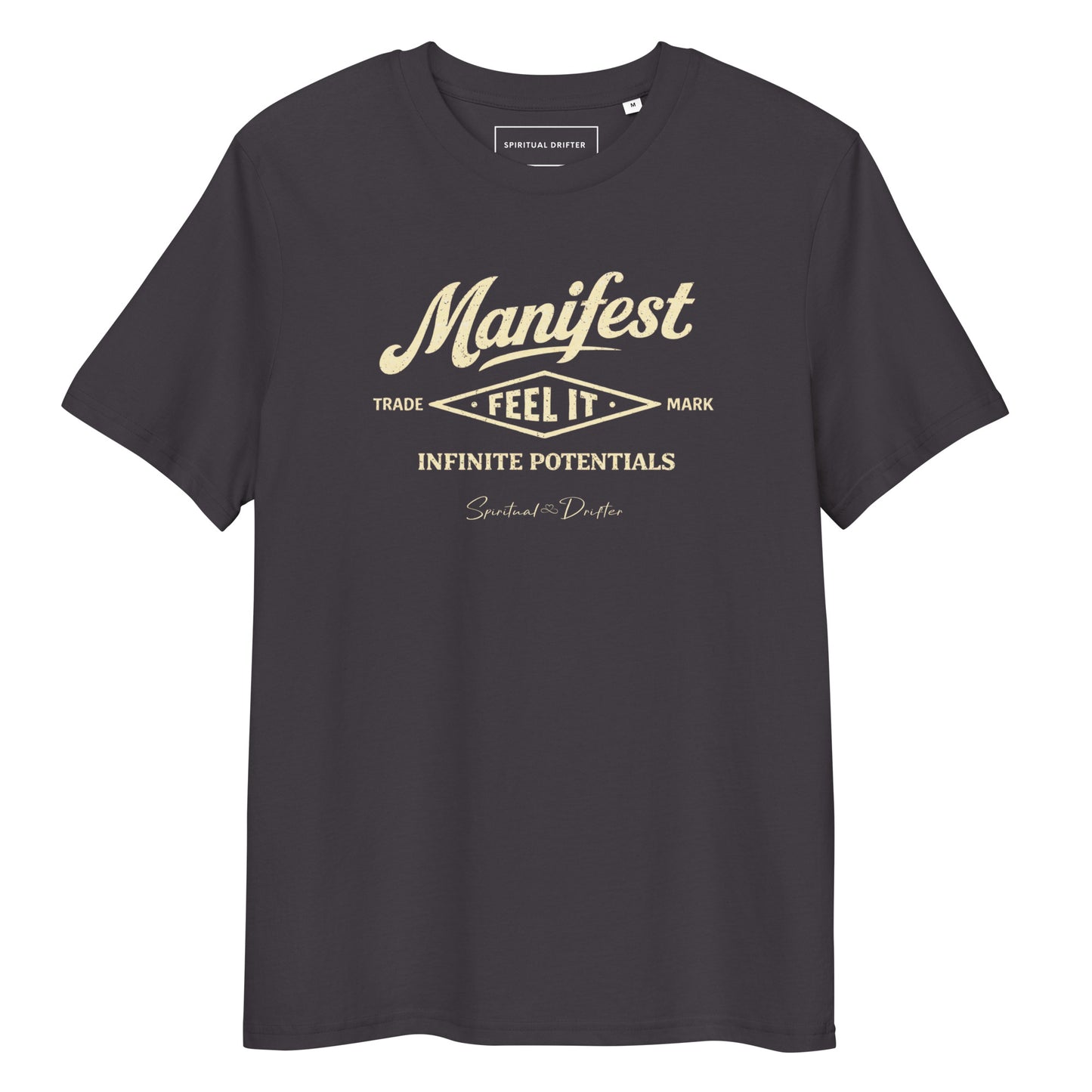 Spiritual Drifter “Manifest Feel It” graphic unisex organic cotton t-shirt in Steele grey– elevated spiritual apparel inspired by mindfulness, manifestation, coherence, meditation and living in a state of surrender and flow.