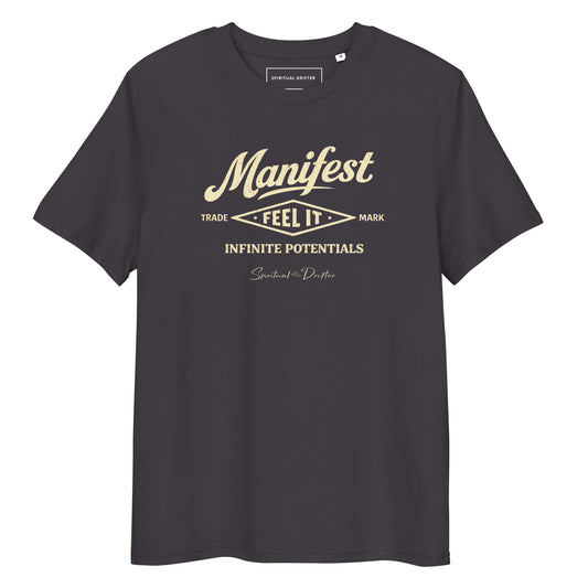 Spiritual Drifter “Manifest Feel It” graphic unisex organic cotton t-shirt in Steele grey– elevated spiritual apparel inspired by mindfulness, manifestation, coherence, meditation and living in a state of surrender and flow.