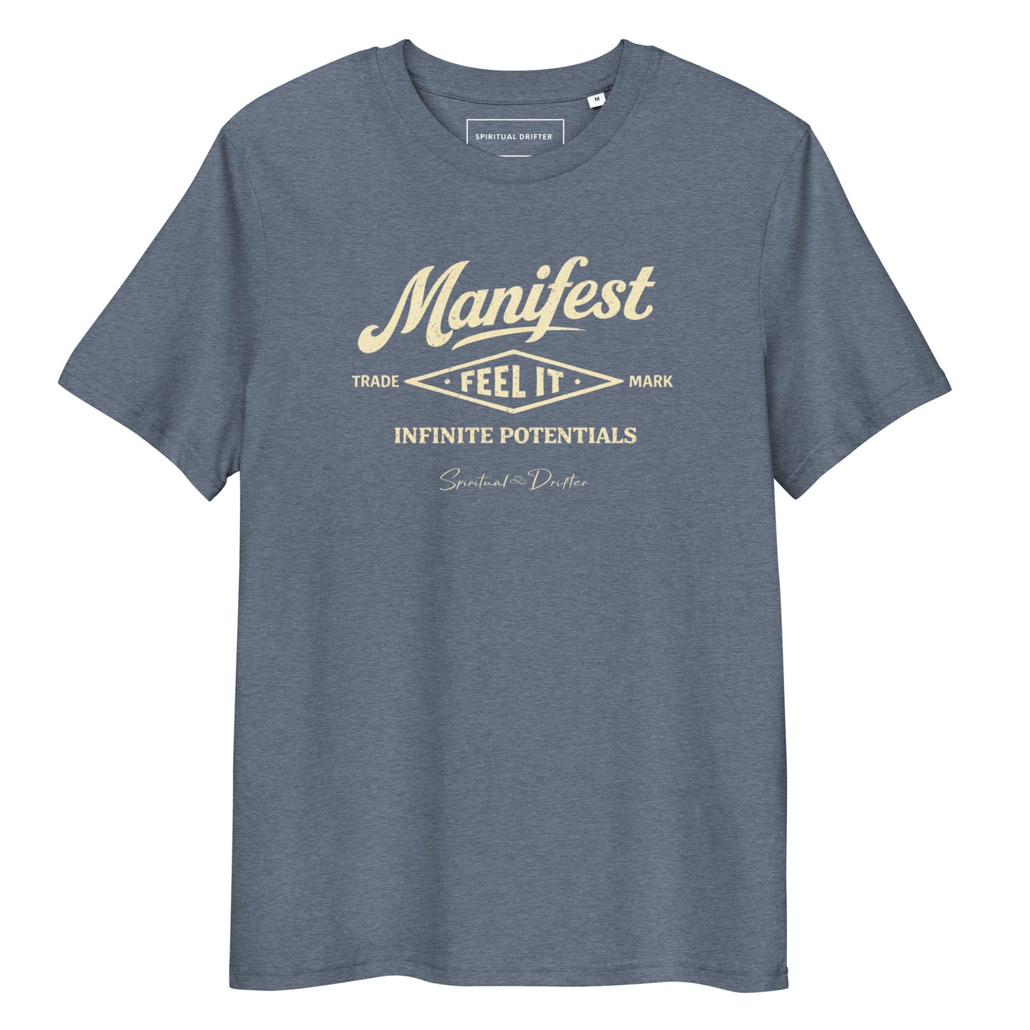 Spiritual Drifter “Manifest Feel It” graphic unisex organic cotton t-shirt in heather blue– elevated spiritual apparel inspired by mindfulness, manifestation, coherence, meditation and living in a state of surrender and flow.