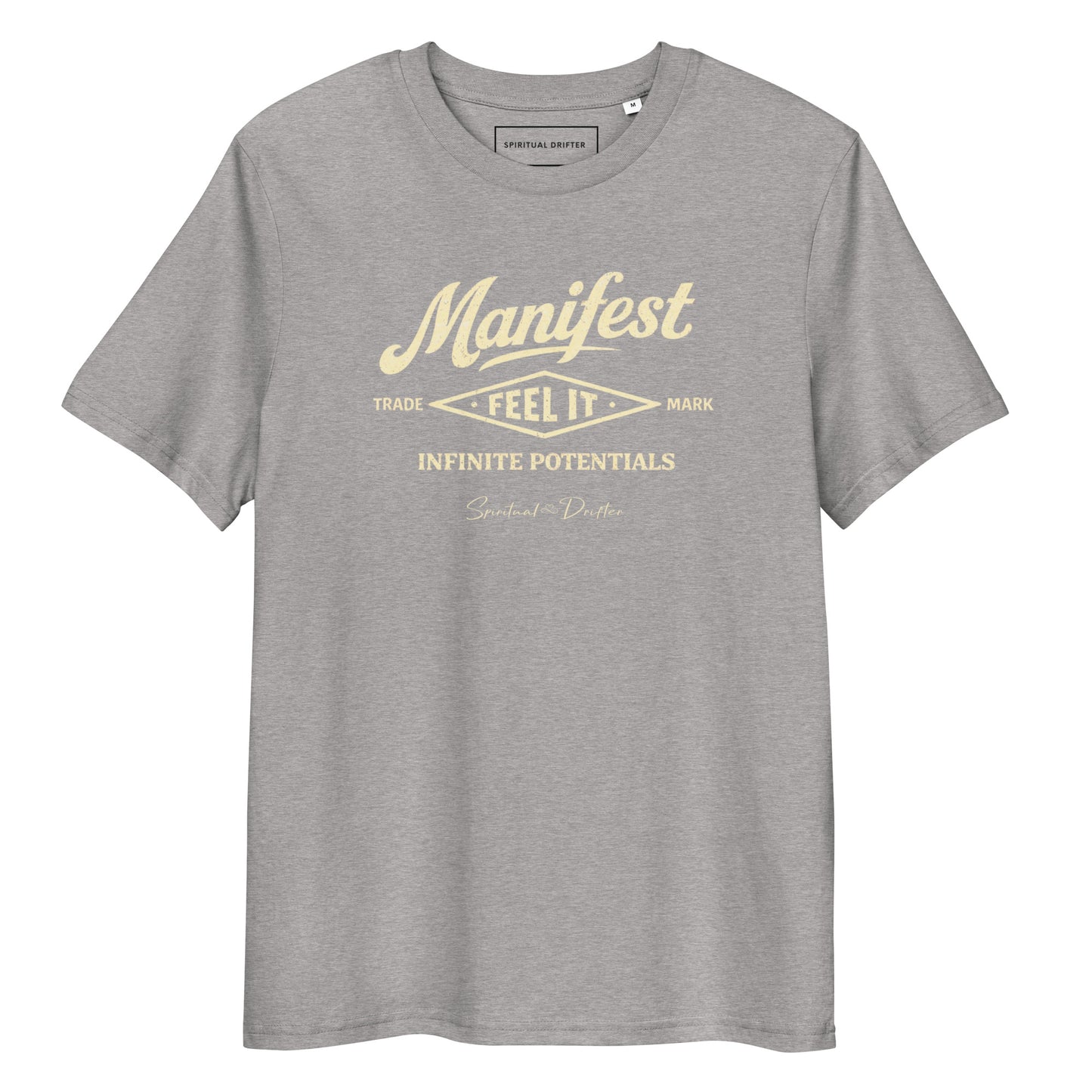 Spiritual Drifter “Manifest Feel It” graphic unisex organic cotton t-shirt in heather grey– elevated spiritual apparel inspired by mindfulness, manifestation, coherence, meditation and living in a state of surrender and flow.
