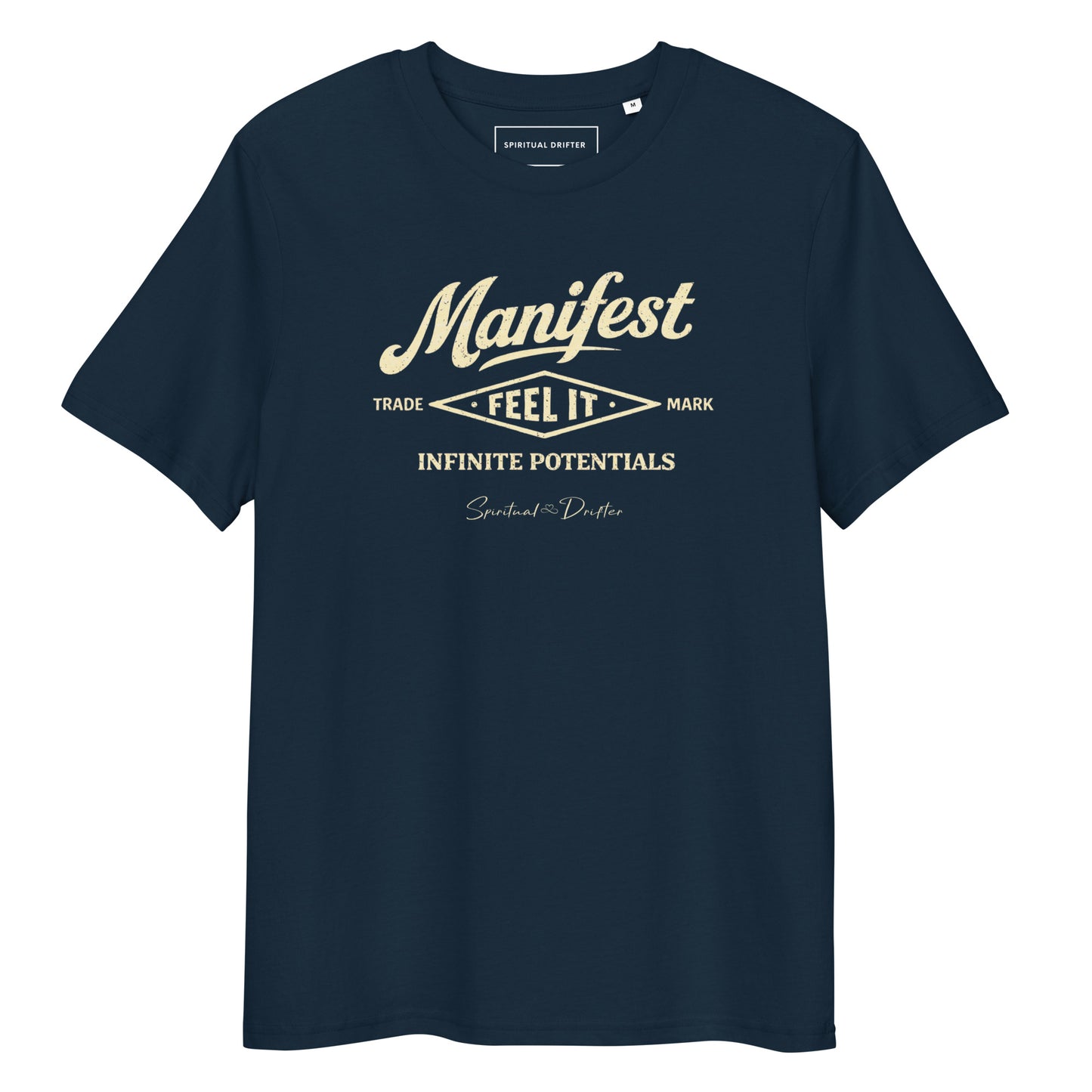 Spiritual Drifter “Manifest Feel It” graphic unisex organic cotton t-shirt in navy– elevated spiritual apparel inspired by mindfulness, manifestation, coherence, meditation and living in a state of surrender and flow.
