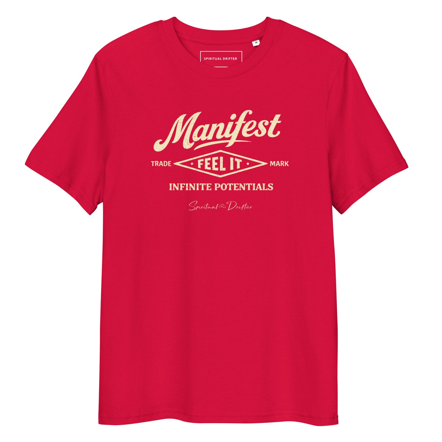 Spiritual Drifter “Manifest Feel It” graphic unisex organic cotton t-shirt in red – elevated spiritual apparel inspired by mindfulness, manifestation, coherence, meditation and living in a state of surrender and flow.