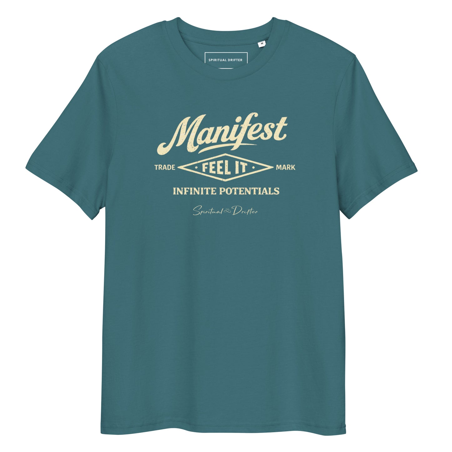 Spiritual Drifter “Manifest Feel It” graphic unisex organic cotton t-shirt in stargazer– elevated spiritual apparel inspired by mindfulness, manifestation, coherence, meditation and living in a state of surrender and flow.
