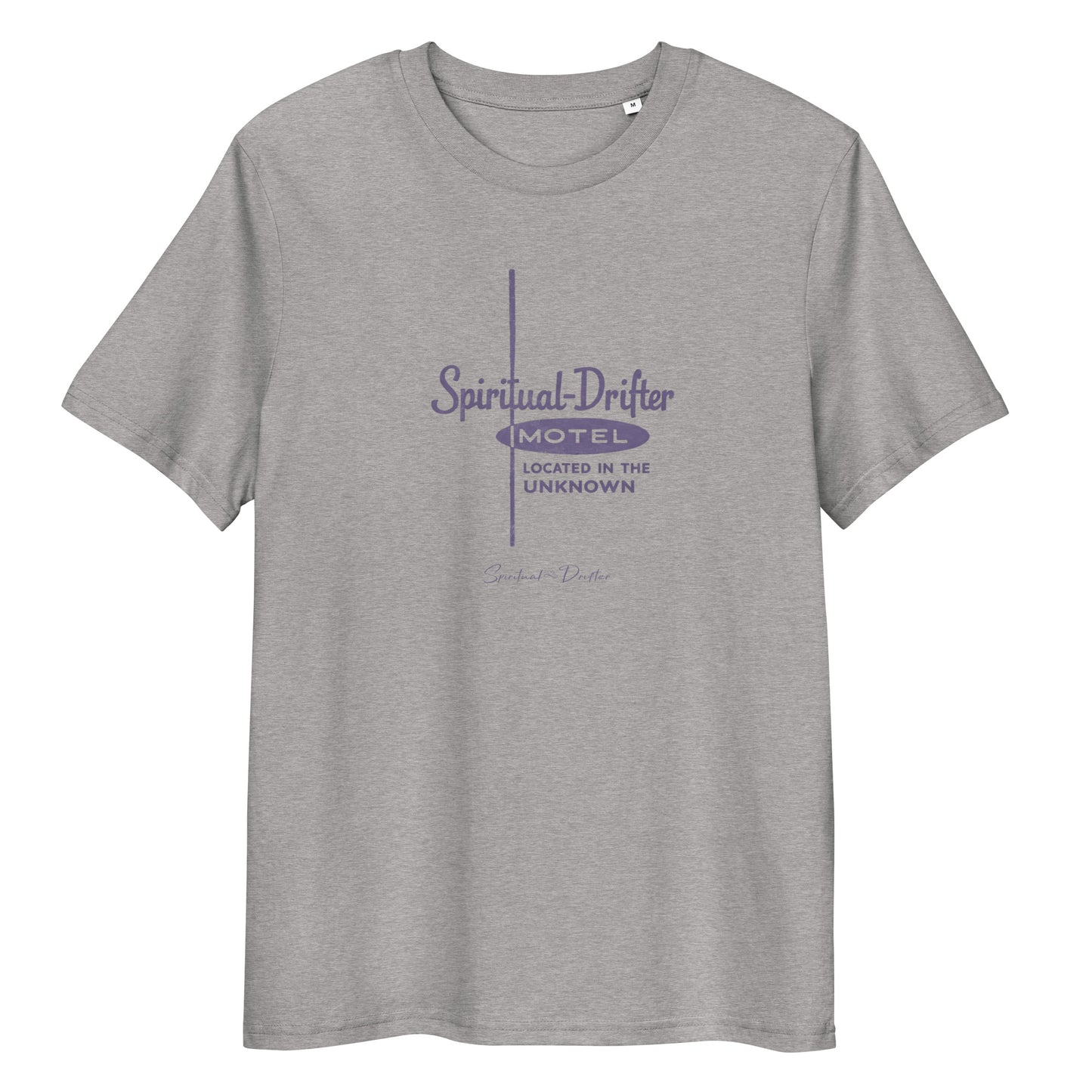 Heather grey spiritual drifter motel located in the unknown unisex organic cotton t-shirt flat lay, vintage motel graphic tee, minimalist travel inspired clothing, conscious lifestyle apparel