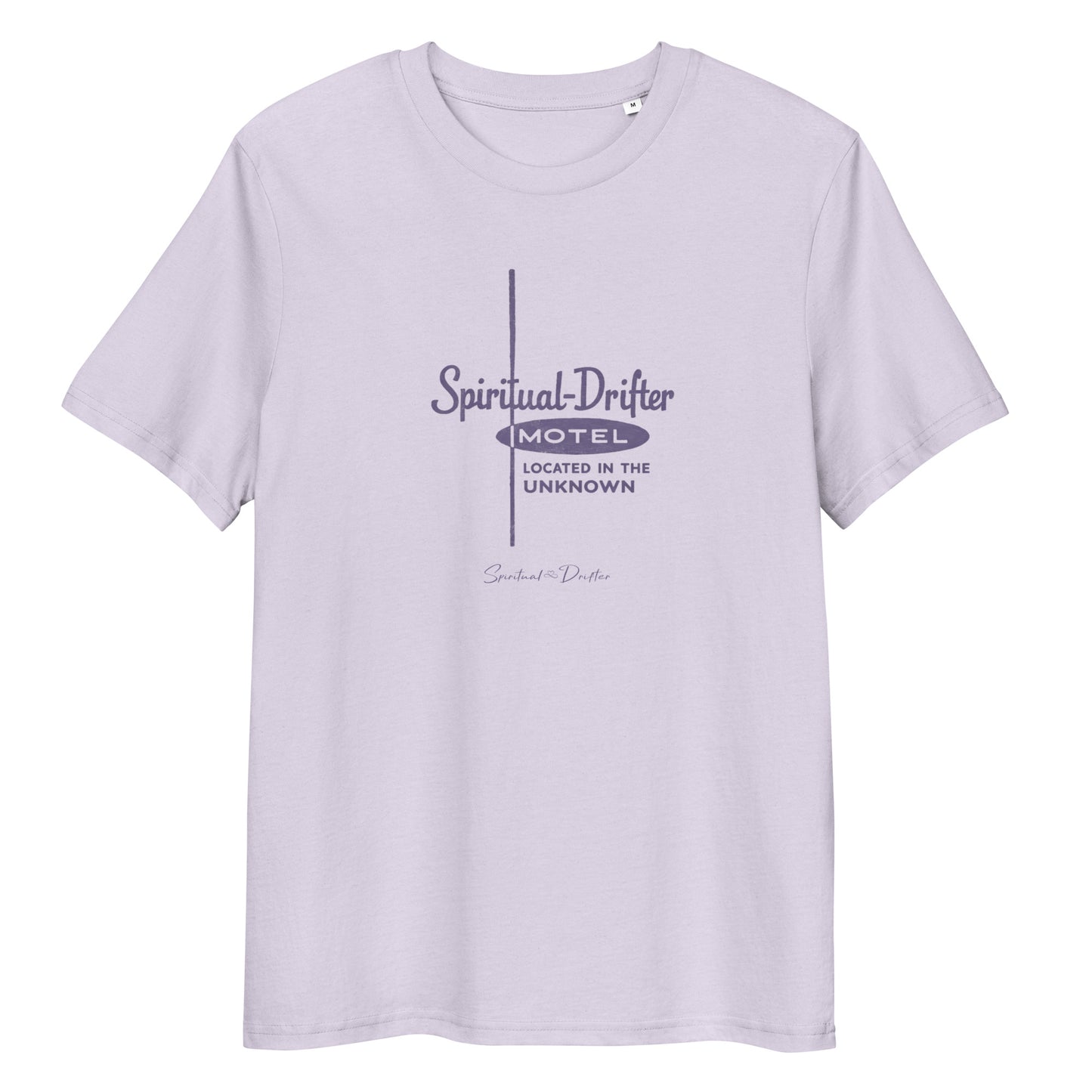 Lilac spiritual drifter motel located in the unknown unisex organic cotton t-shirt flat lay, vintage motel graphic tee, minimalist travel inspired clothing, conscious lifestyle apparel