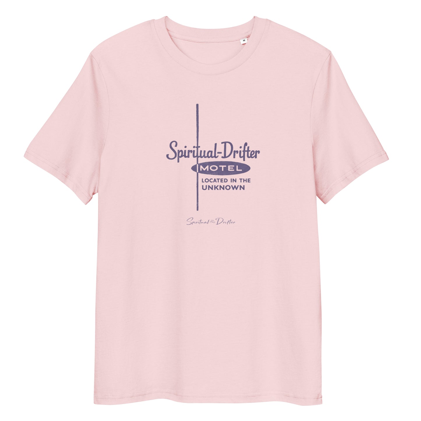 Pink spiritual drifter motel located in the unknown unisex organic cotton t-shirt flat lay, vintage motel graphic tee, minimalist travel inspired clothing, conscious lifestyle apparel