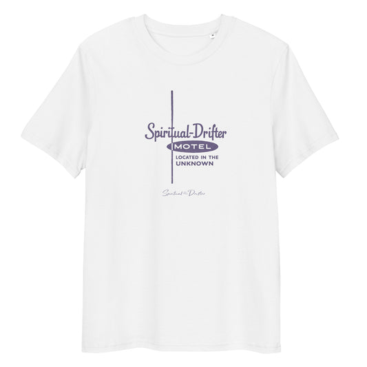 White spiritual drifter motel located in the unknown unisex organic cotton t-shirt flat lay, vintage motel graphic tee, minimalist travel inspired clothing, conscious lifestyle apparel