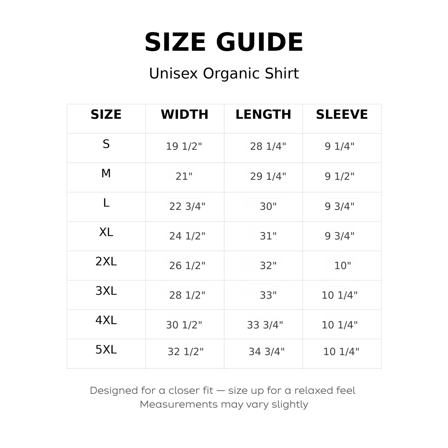 Size guide for unisex organic shirts with measurements in inches.