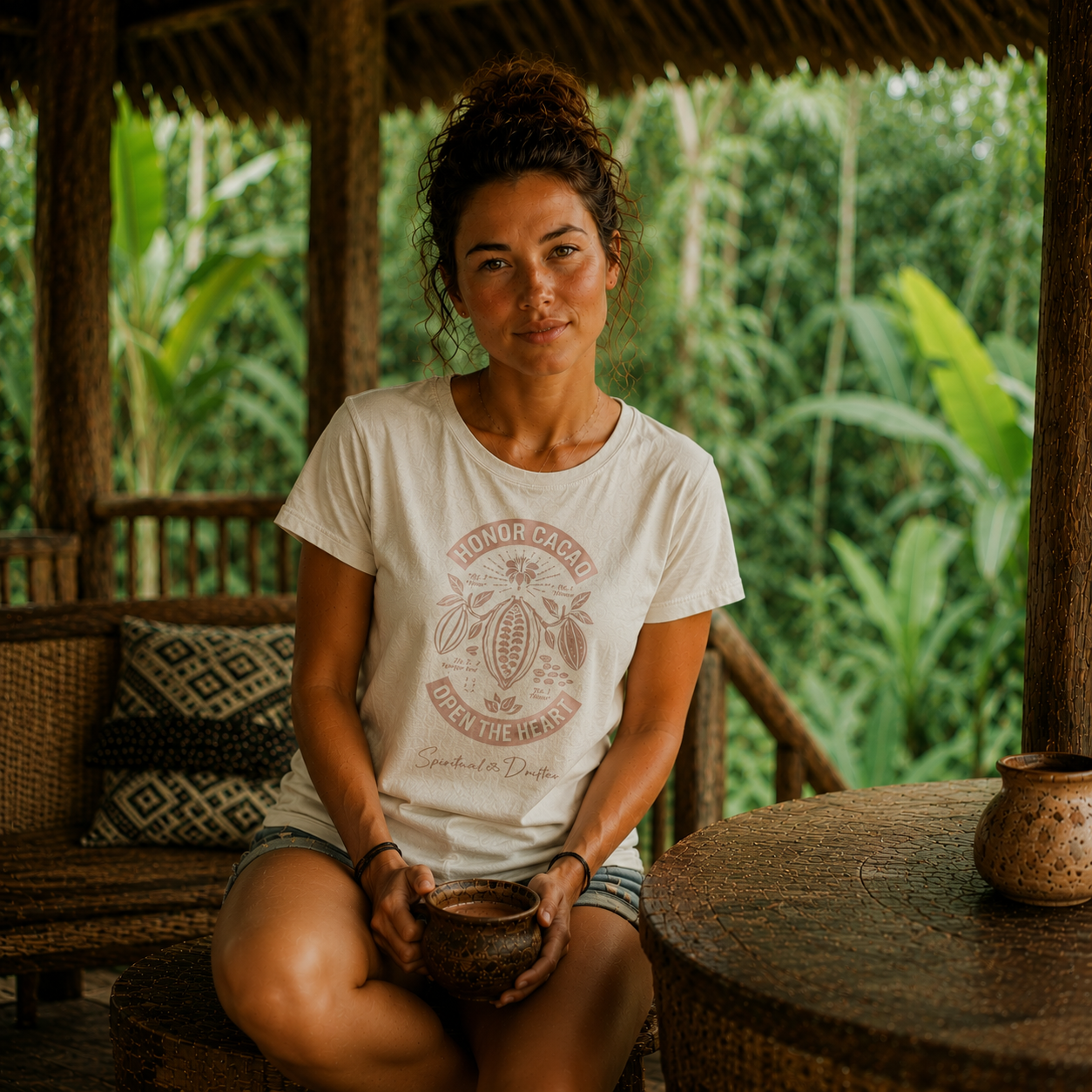 Woman wearing the Honor Cacao Women's Classic Cotton T-Shirt in a jungle setting holding sacred cacao, featuring botanical cacao artwork and “Open the Heart” graphic
