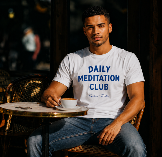 Man sitting at a cafe table in Paris France with a Spiritual Drifter white 'Daily Meditation Club' shirt on, holding a coffee cup. Spiritual lifestyle, positive vibes, aligned, positive mindset, conscious living & yoga clothing. Spiritual apparel inspired by modern mysticism, meditation, manifestation, sacred medicine and conscious living. Yoga and meditation clothing for awakened souls.