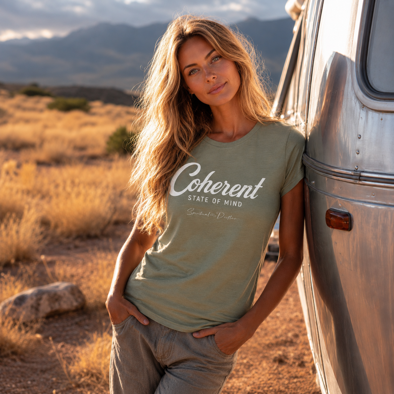 Woman wearing a Spiritual Drifter 'Coherent State of Mind' t-shirt in a desert setting with mountains in the background.