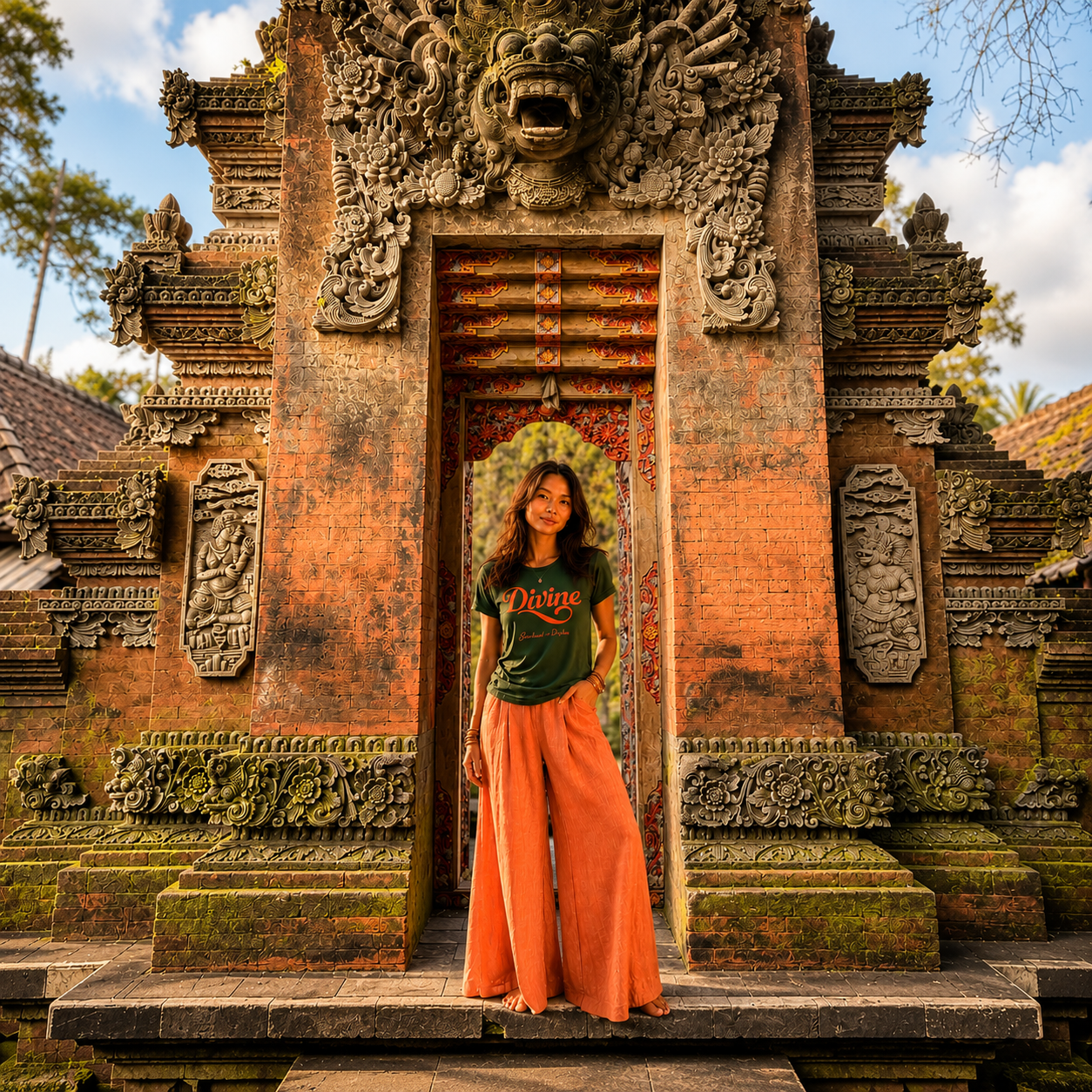 Woman standing in an ornate doorway of a temple with intricate carvings in Bali Indonesia. She is wearing orange silk pants and a Spiritual Drifter forest green shirt with the graphic "Divine" on the t shirt