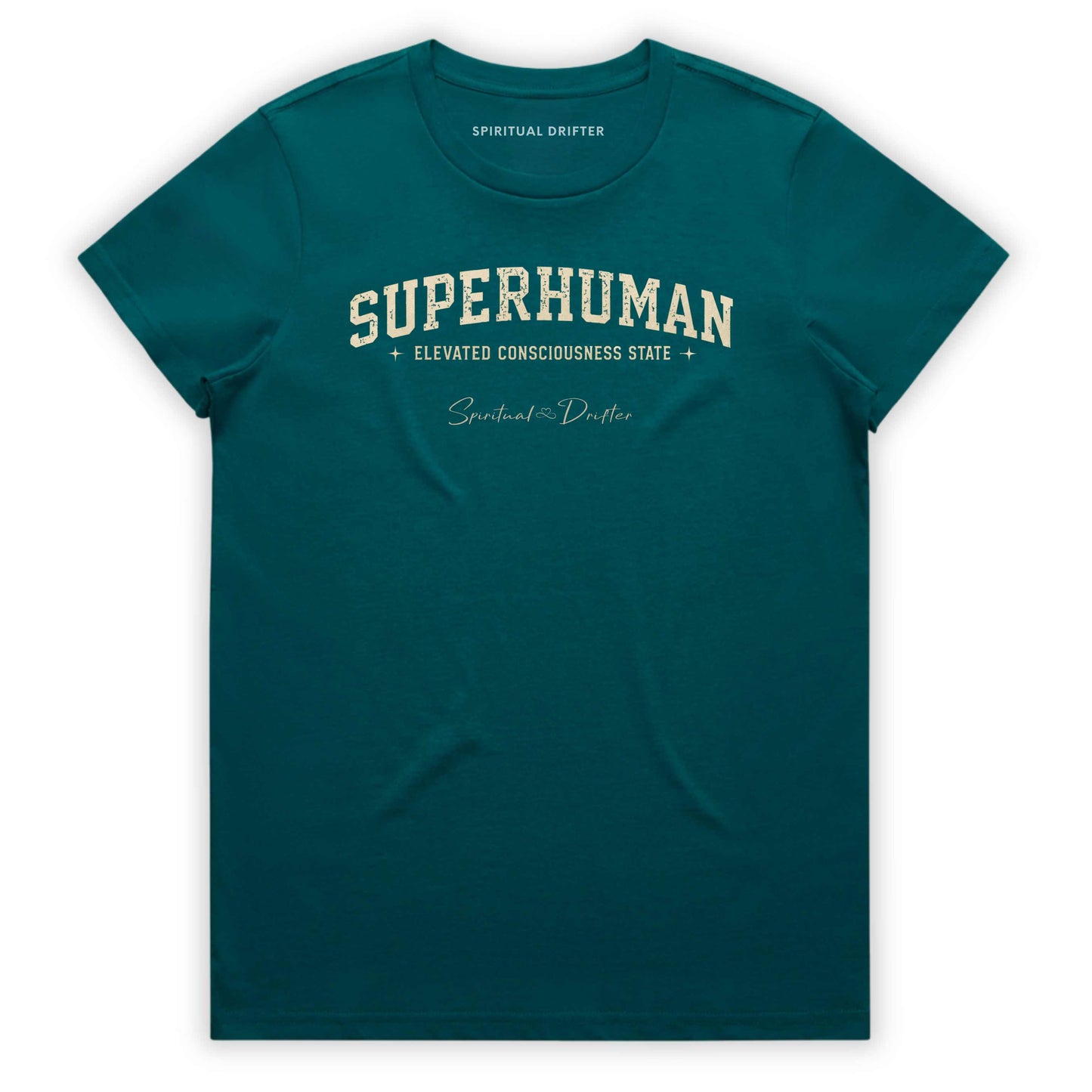 Teal Spiritual Drifter t-shirt with 'Superhuman' varsity style text on a white background. Elevated spiritual apparel inspired by meditation, mindfulness, yoga, positive vibes, law of attraction and conscious living. Become Superhuman in this elevated natural fashion tee for women.