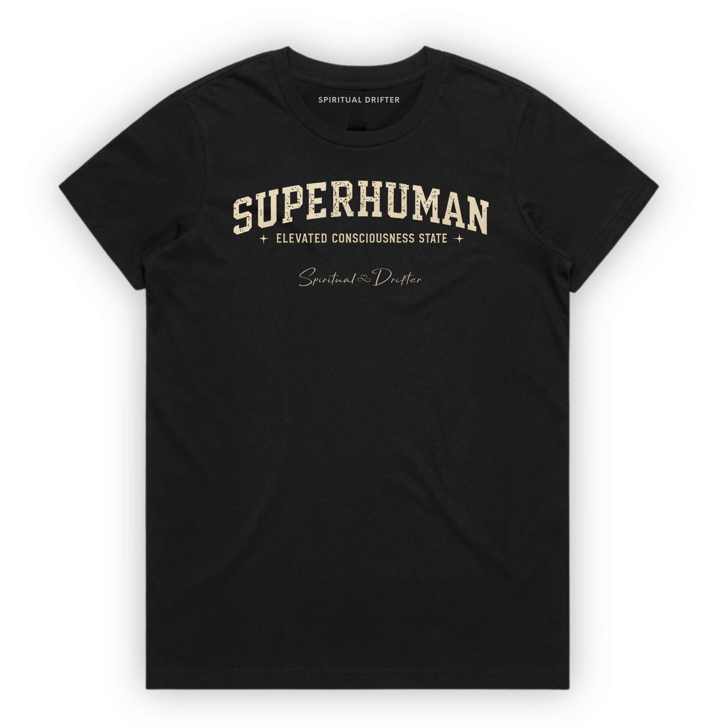 Black Spiritual Drifter t-shirt with 'Superhuman' varsity style text on a white background. Elevated spiritual apparel inspired by meditation, mindfulness, yoga, positive vibes, law of attraction and conscious living. Become Superhuman in this elevated natural fashion tee for women.