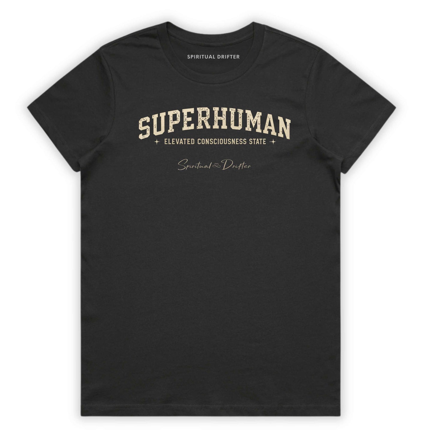 Charcoal Gray Spiritual Drifter t-shirt with 'Superhuman' varsity style text on a white background. Elevated spiritual apparel inspired by meditation, mindfulness, yoga, positive vibes, law of attraction and conscious living. Become Superhuman in this elevated natural fashion tee for women.