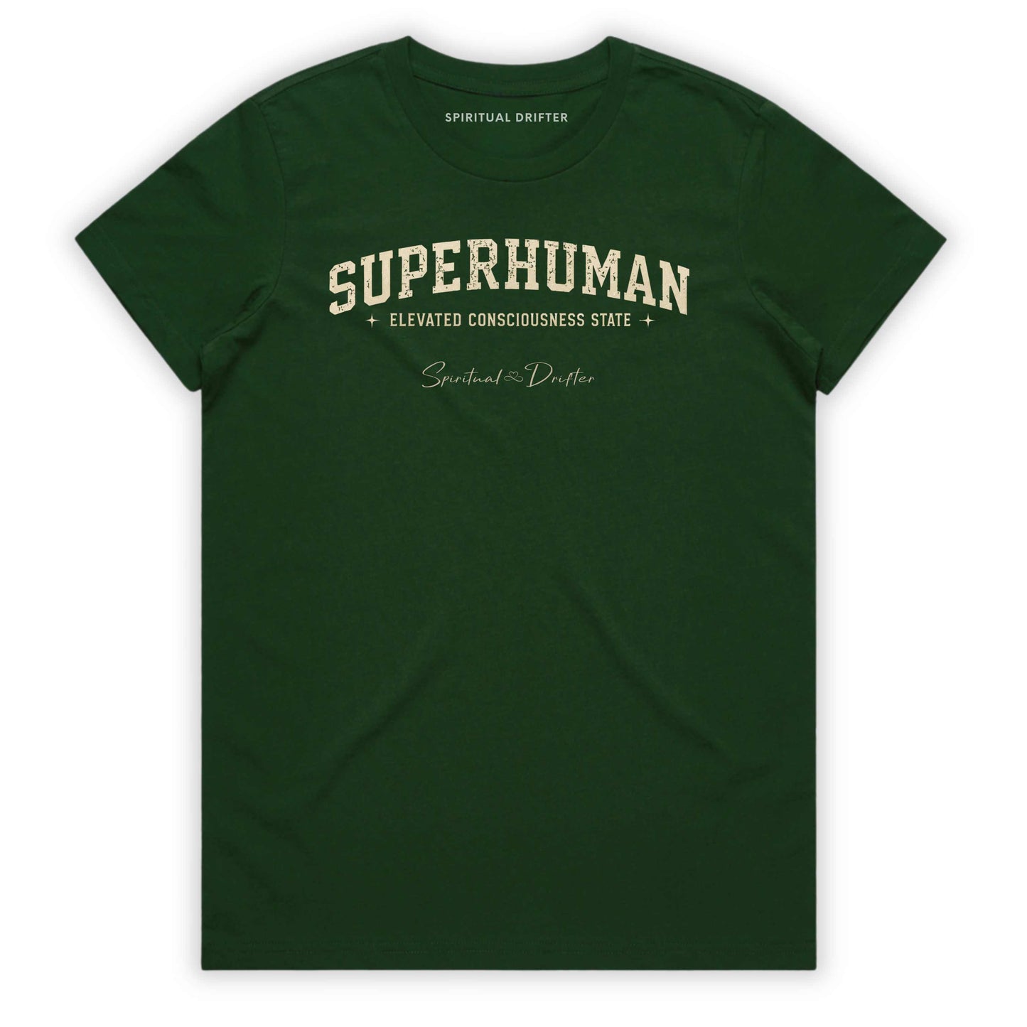 Forest Green Spiritual Drifter t-shirt with 'Superhuman' varsity style text on a white background. Elevated spiritual apparel inspired by meditation, mindfulness, yoga, positive vibes, law of attraction and conscious living. Become Superhuman in this elevated natural fashion tee for women.