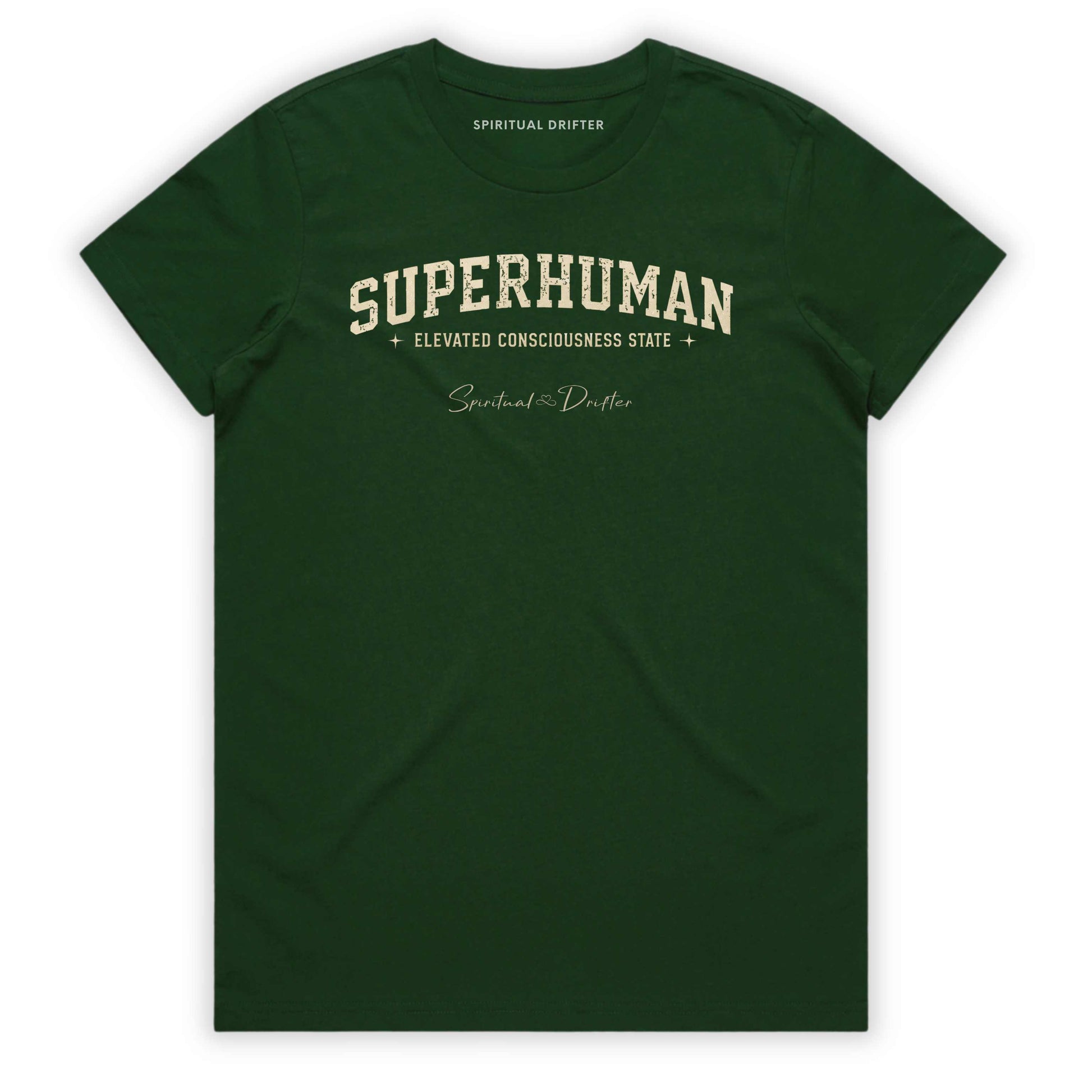 Forest Green Spiritual Drifter t-shirt with 'Superhuman' varsity style text on a white background. Elevated spiritual apparel inspired by meditation, mindfulness, yoga, positive vibes, law of attraction and conscious living. Become Superhuman in this elevated natural fashion tee for women.