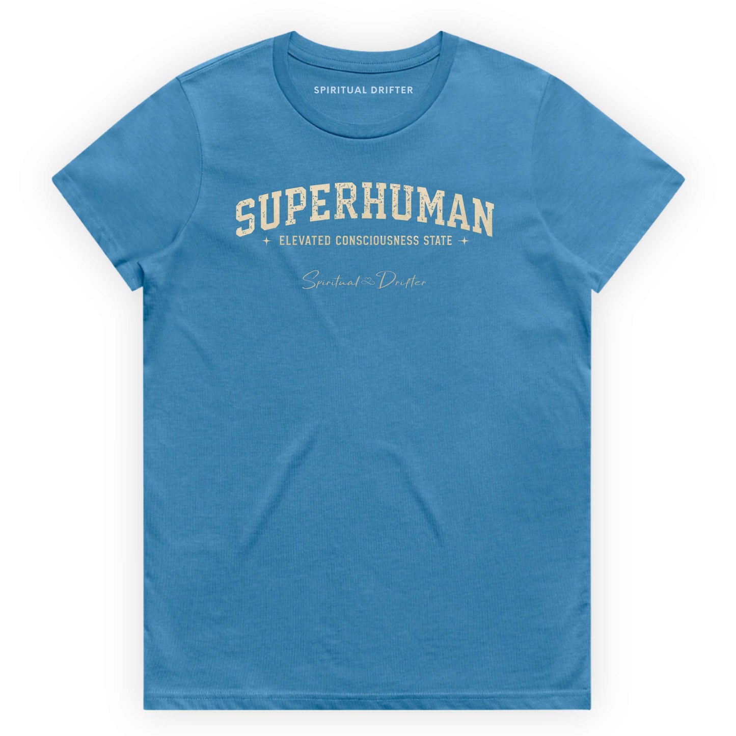 Hydro Blue Spiritual Drifter t-shirt with 'Superhuman' varsity style text on a white background. Elevated spiritual apparel inspired by meditation, mindfulness, yoga, positive vibes, law of attraction and conscious living. Become Superhuman in this elevated natural fashion tee for women.
