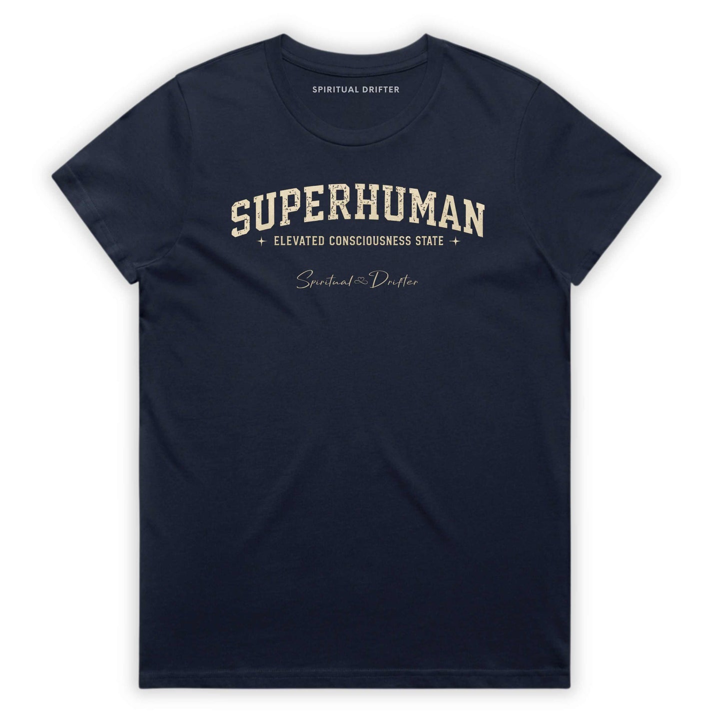 Midnight Navy Spiritual Drifter t-shirt with 'Superhuman' varsity style text on a white background. Elevated spiritual apparel inspired by meditation, mindfulness, yoga, positive vibes, law of attraction and conscious living. Become Superhuman in this elevated natural fashion tee for women.