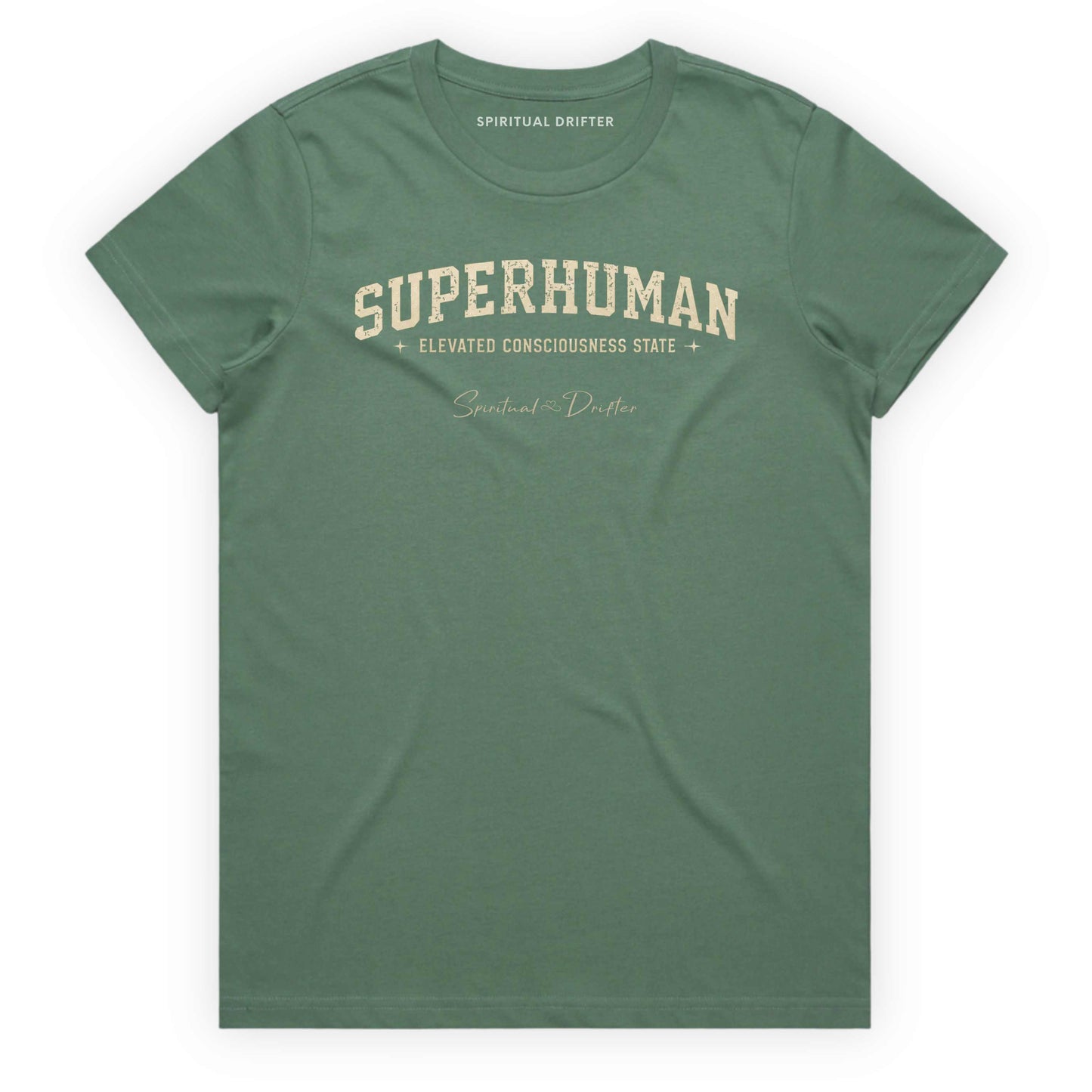 Sage Green Spiritual Drifter t-shirt with 'Superhuman' varsity style text on a white background. Elevated spiritual apparel inspired by meditation, mindfulness, yoga, positive vibes, law of attraction and conscious living. Become Superhuman in this elevated natural fashion tee for women.