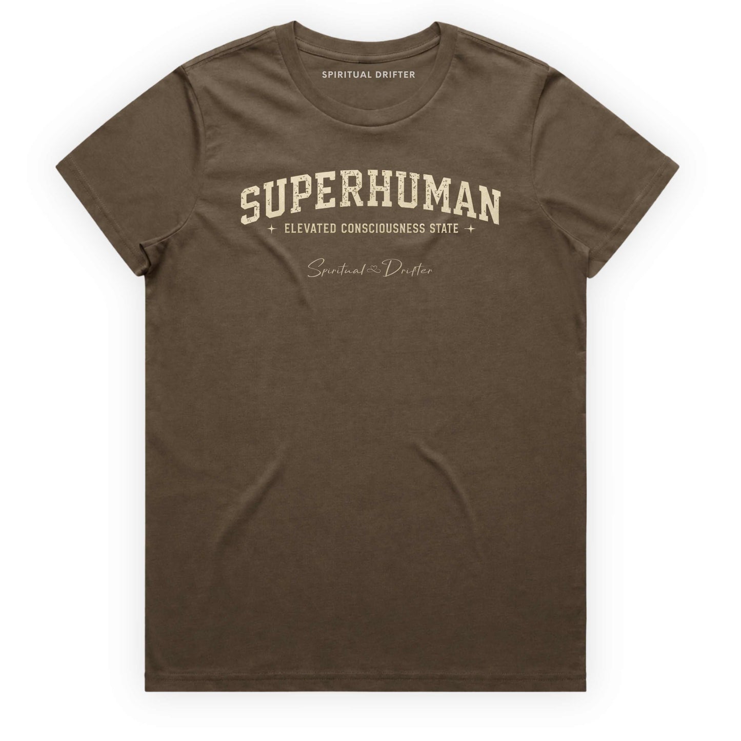 Walnut Brown Spiritual Drifter t-shirt with 'Superhuman' varsity style text on a white background. Elevated spiritual apparel inspired by meditation, mindfulness, yoga, positive vibes, law of attraction and conscious living. Become Superhuman in this elevated natural fashion tee for women.