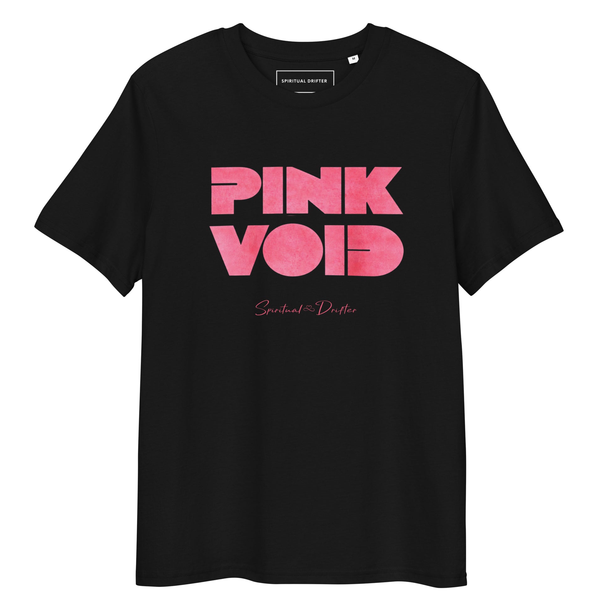Spiritual Drifter Pink Void graphic organic cotton t-shirt in black with pink graphic. Elevated spiritual apparel inspired by meditation, mindfulness, coherence, self awareness, abundance, law of attraction, the infinite void, the quantum void of potential and conscious living.