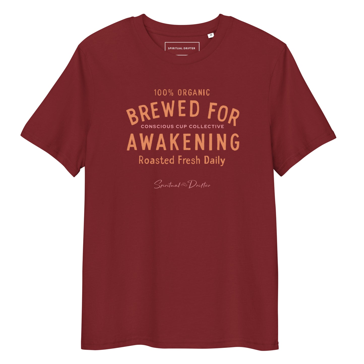 Spiritual Drifter Brewed for Awakening coffee graphic organic cotton t-shirt in burgundy red with orange text. Elevated spiritual apparel inspired by awakening, meditation, mindfulness, yoga, law of attraction and conscious living.