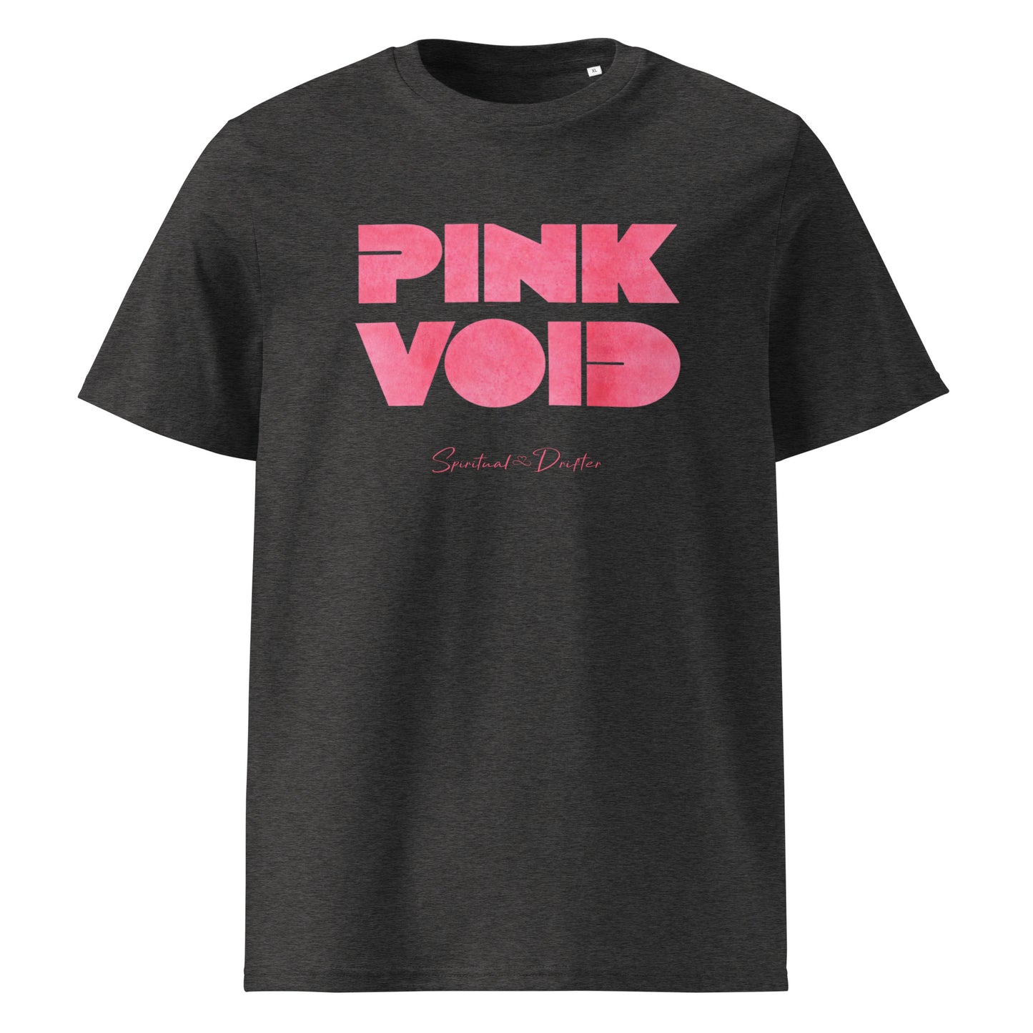 Spiritual Drifter Pink Void graphic organic cotton t-shirt in dark heather grey with pink graphic. Elevated spiritual apparel inspired by meditation, mindfulness, coherence, self awareness, abundance, law of attraction, the infinite void, the quantum void of potential and conscious living.