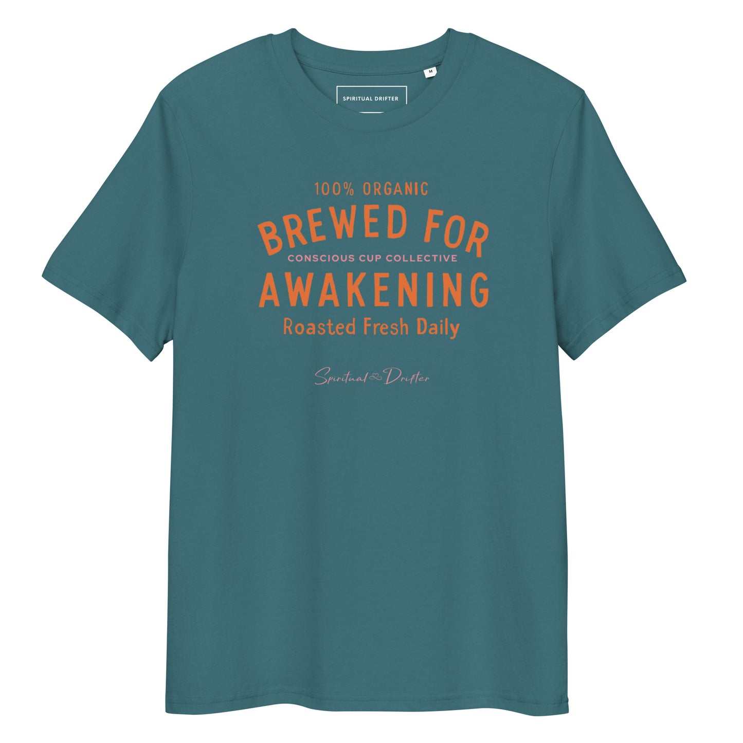 Spiritual Drifter Brewed for Awakening coffee graphic organic cotton t-shirt in stargazer green with orange text. Elevated spiritual apparel inspired by awakening, meditation, mindfulness, yoga, law of attraction and conscious living.
