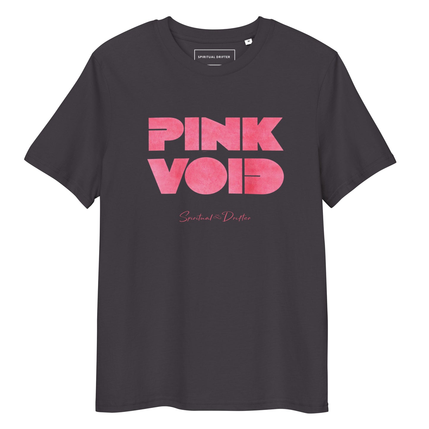 Spiritual Drifter Pink Void graphic organic cotton t-shirt in grey with pink graphic. Elevated spiritual apparel inspired by meditation, mindfulness, coherence, self awareness, abundance, law of attraction, the infinite void, the quantum void of potential and conscious living.