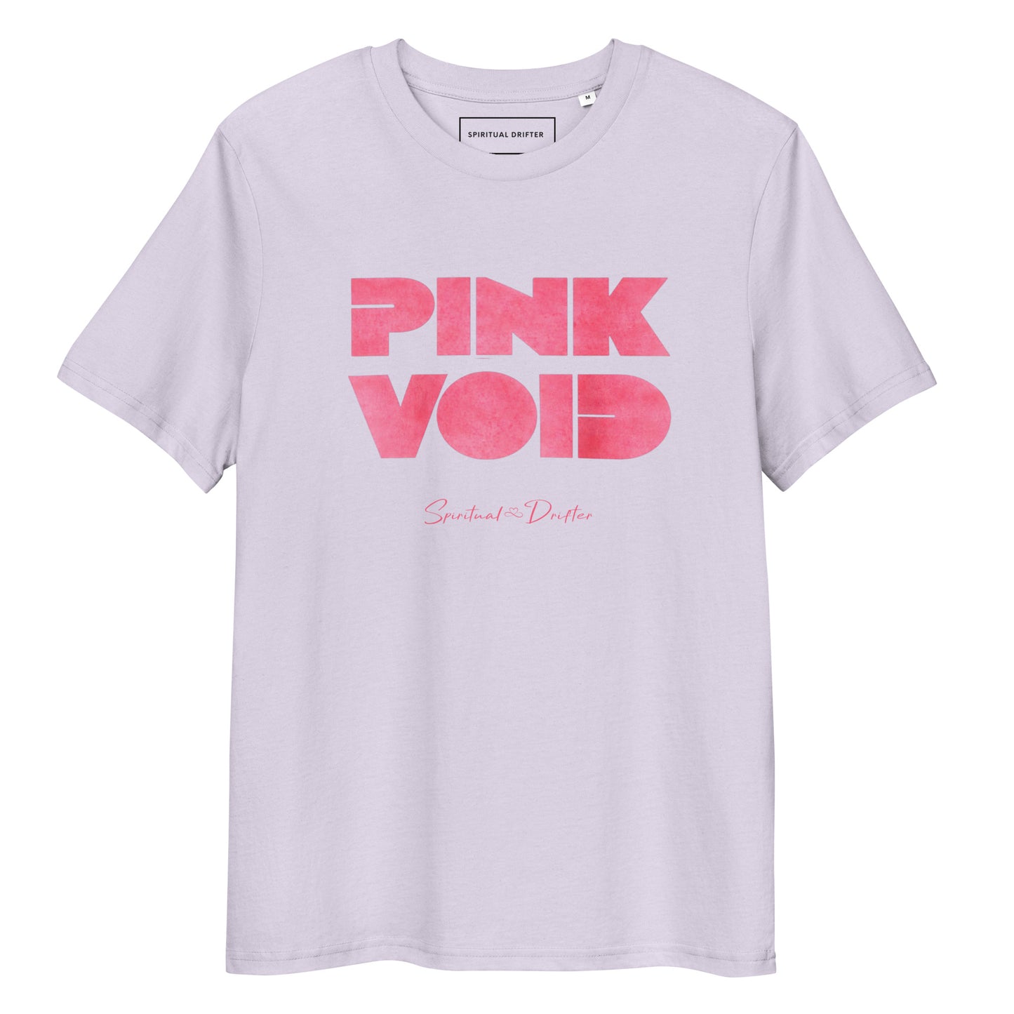 Spiritual Drifter Pink Void graphic organic cotton t-shirt in lilac with pink graphic. Elevated spiritual apparel inspired by meditation, mindfulness, coherence, self awareness, abundance, law of attraction, the infinite void, the quantum void of potential and conscious living.