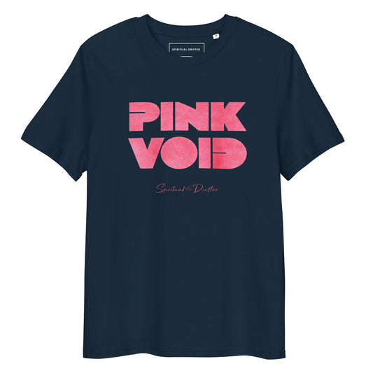 Spiritual Drifter Pink Void graphic organic cotton t-shirt in navy blue with pink graphic. Elevated spiritual apparel inspired by meditation, mindfulness, coherence, self awareness, abundance, law of attraction, the infinite void, the quantum void of potential and conscious living.