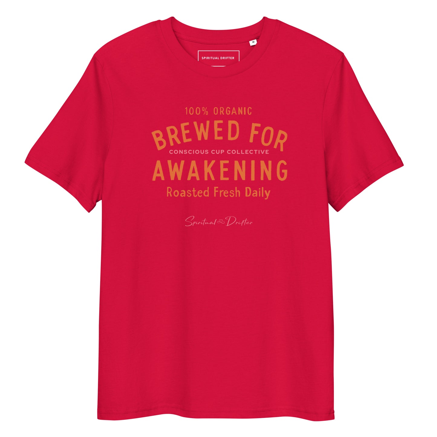 Spiritual Drifter Brewed for Awakening coffee graphic organic cotton t-shirt in red with orange text. Elevated spiritual apparel inspired by awakening, meditation, mindfulness, yoga, law of attraction and conscious living.