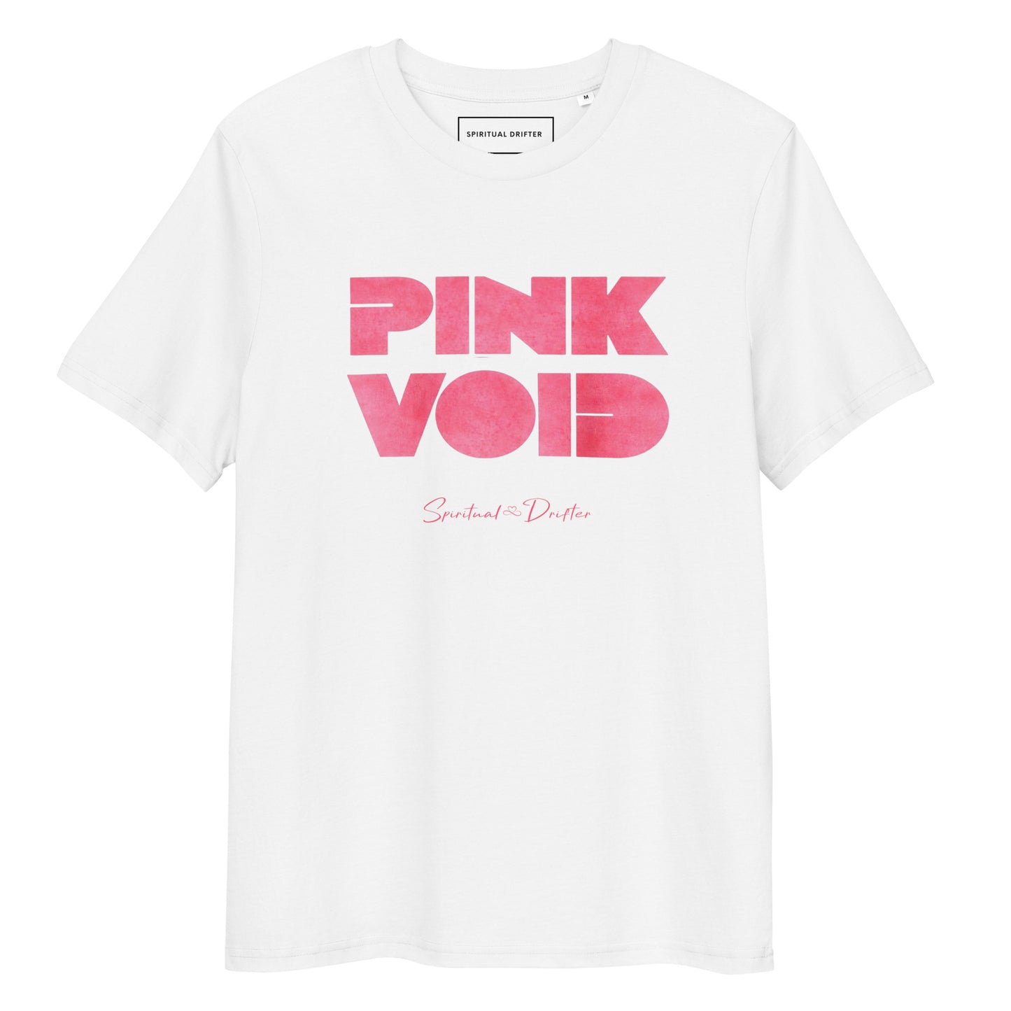 Spiritual Drifter Pink Void graphic organic cotton t-shirt in white with pink graphic. Elevated spiritual apparel inspired by meditation, mindfulness, coherence, self awareness, abundance, law of attraction, the infinite void, the quantum void of potential and conscious living.