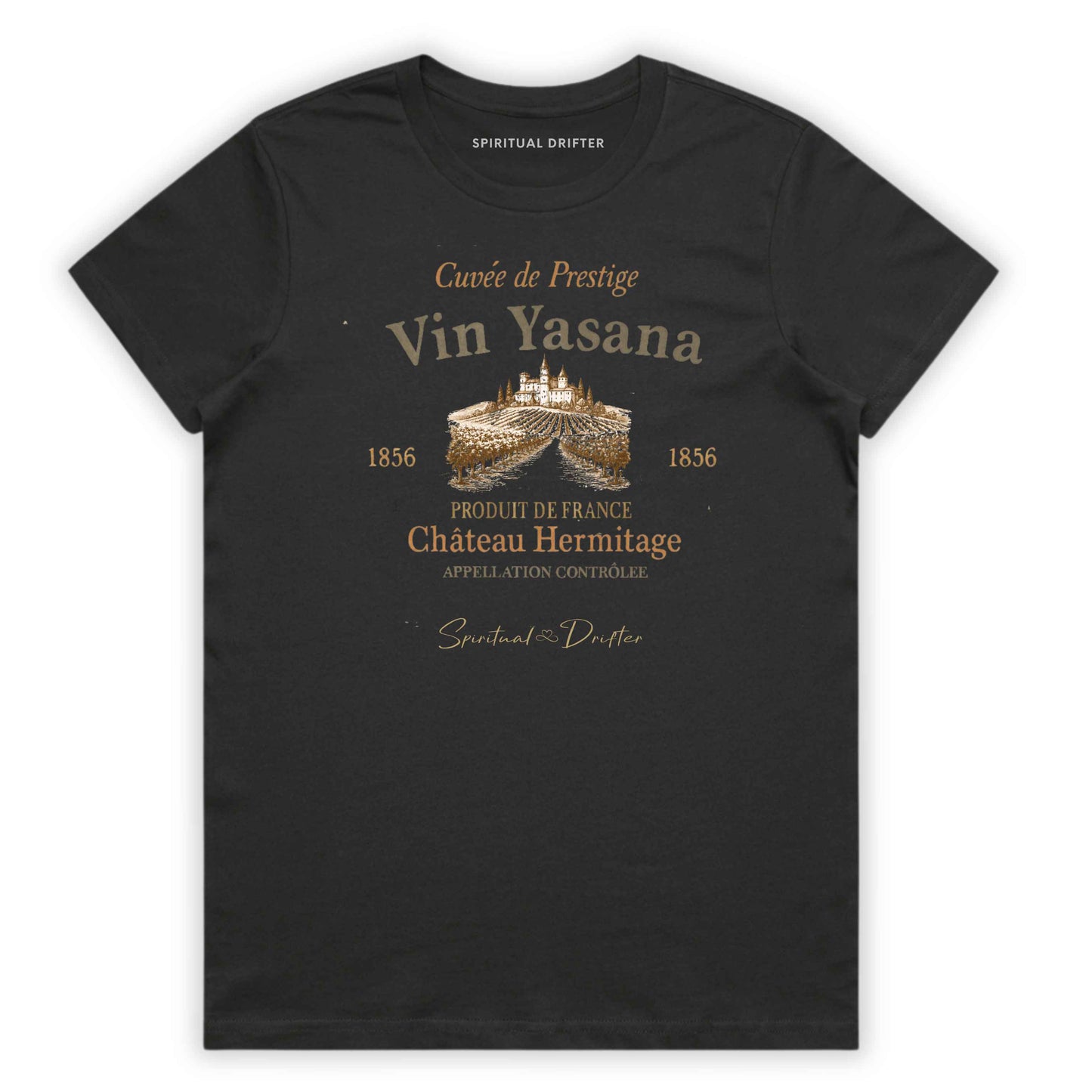 Spiritual Drifter “Vin Yasana” vintage wine label yoga parody graphic classic t shirt in charcoal gray. Elevated spiritual apparel inspired by meditation, mindfulness, yoga, positive vibes, law of attraction and conscious living.