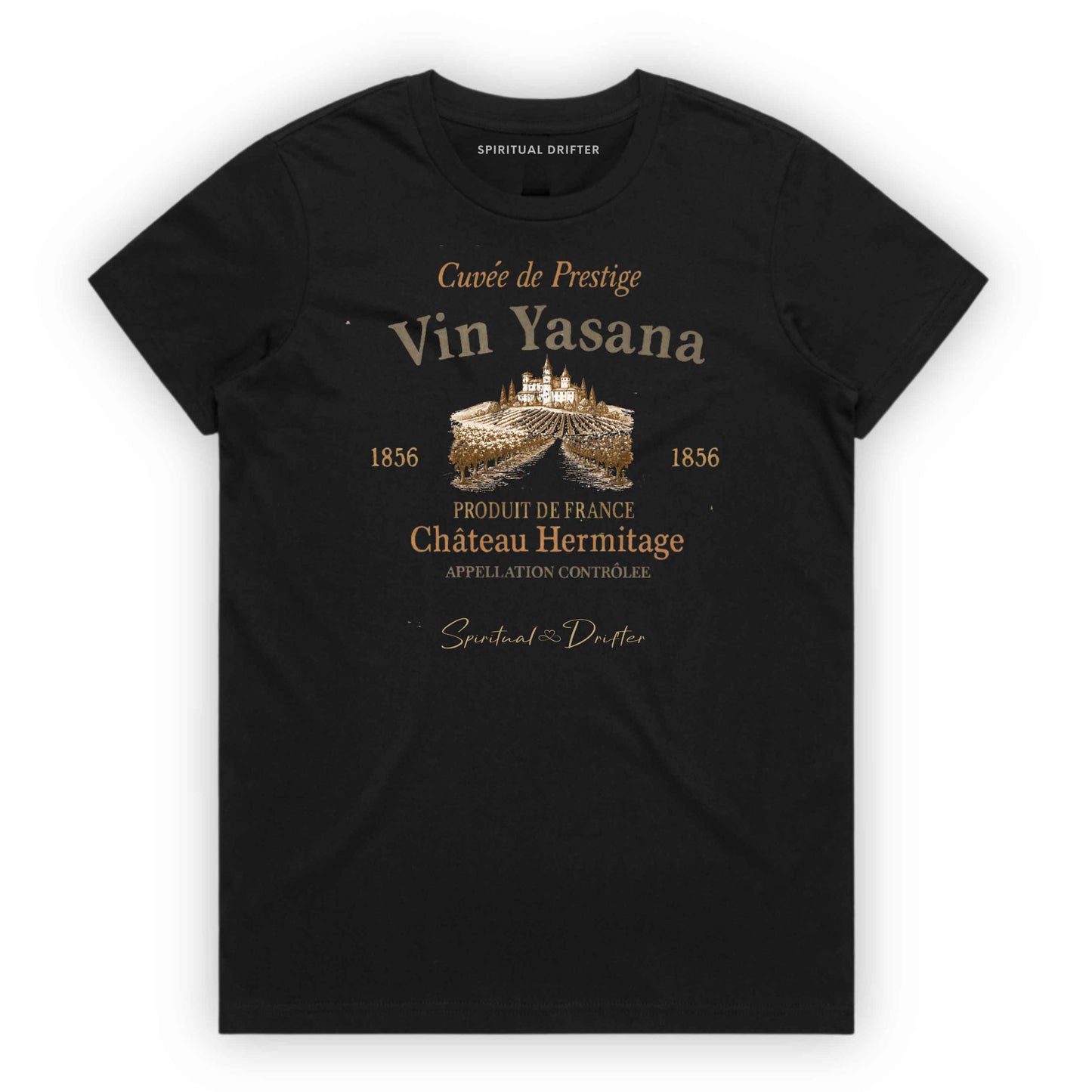 Spiritual Drifter “Vin Yasana” vintage wine label yoga parody graphic classic t shirt in black Elevated spiritual apparel inspired by meditation, mindfulness, yoga, positive vibes, law of attraction and conscious living.
