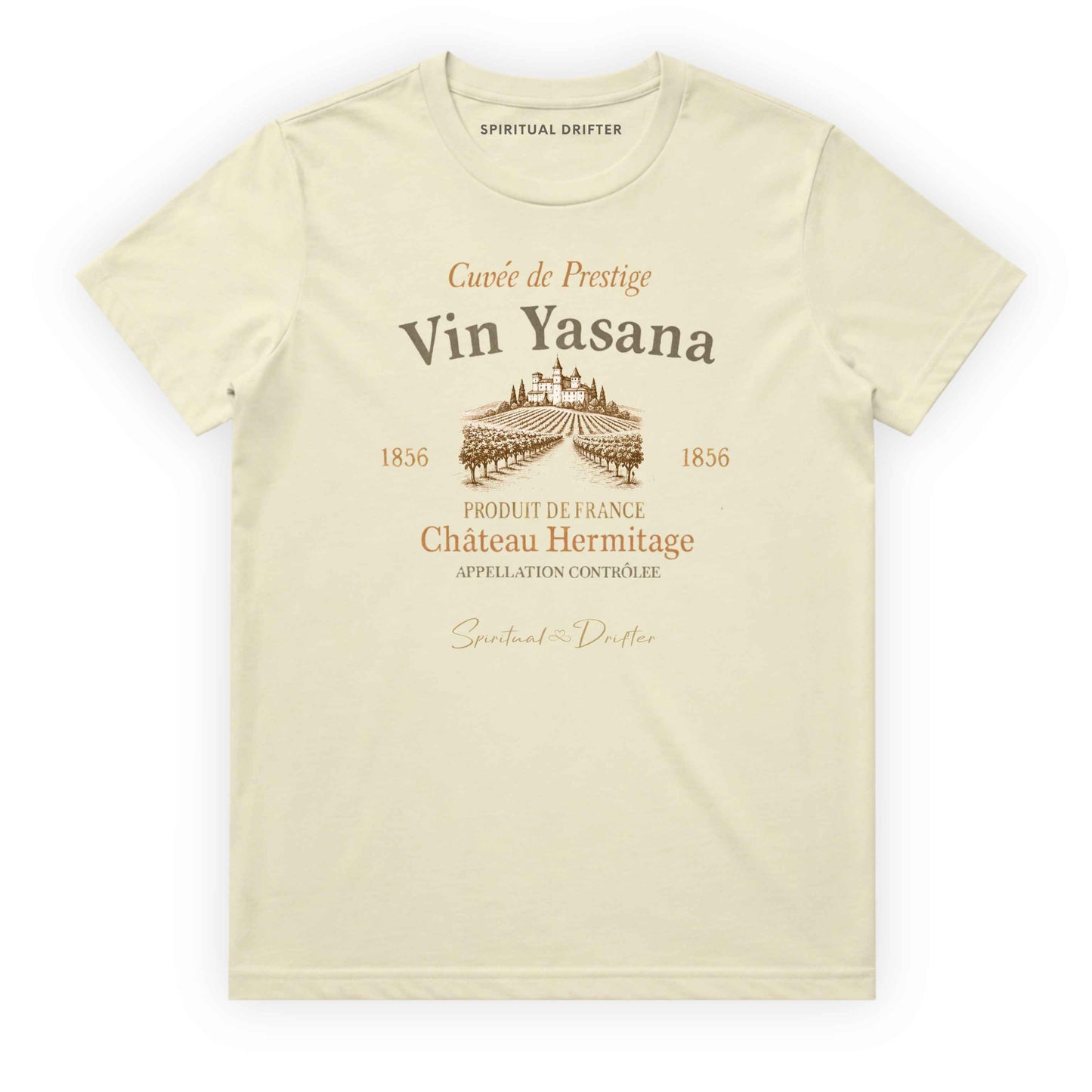 Spiritual Drifter “Vin Yasana” vintage wine label yoga parody graphic classic t shirt in butter. Elevated spiritual apparel inspired by meditation, mindfulness, yoga, positive vibes, law of attraction and conscious living.