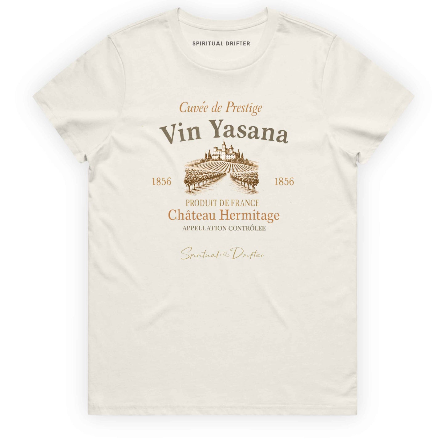 Spiritual Drifter “Vin Yasana” vintage wine label yoga parody graphic classic t shirt in ecru. Elevated spiritual apparel inspired by meditation, mindfulness, yoga, positive vibes, law of attraction and conscious living.