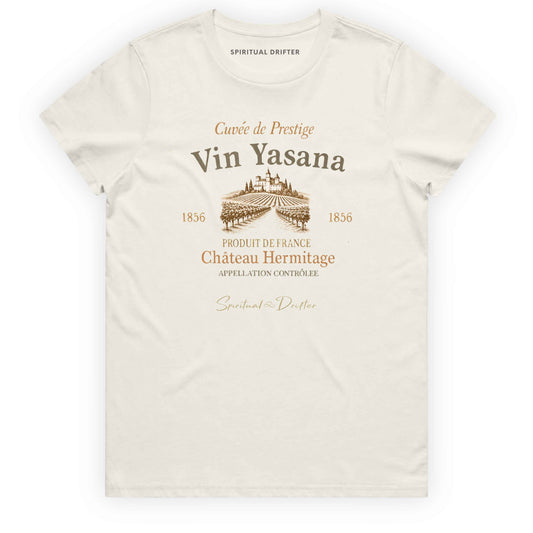 Spiritual Drifter “Vin Yasana” vintage wine label yoga parody graphic classic t shirt in ecru. Elevated spiritual apparel inspired by meditation, mindfulness, yoga, positive vibes, law of attraction and conscious living.