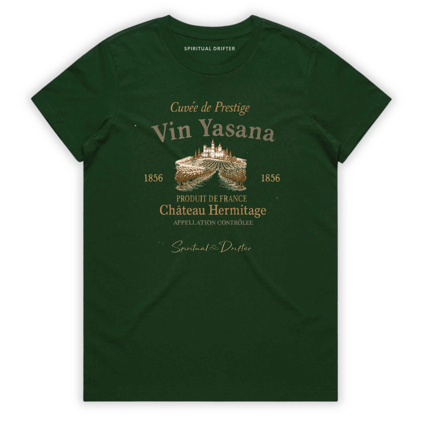 Spiritual Drifter “Vin Yasana” vintage wine label yoga parody graphic classic t shirt in forest green. Elevated spiritual apparel inspired by meditation, mindfulness, yoga, positive vibes, law of attraction and conscious living.