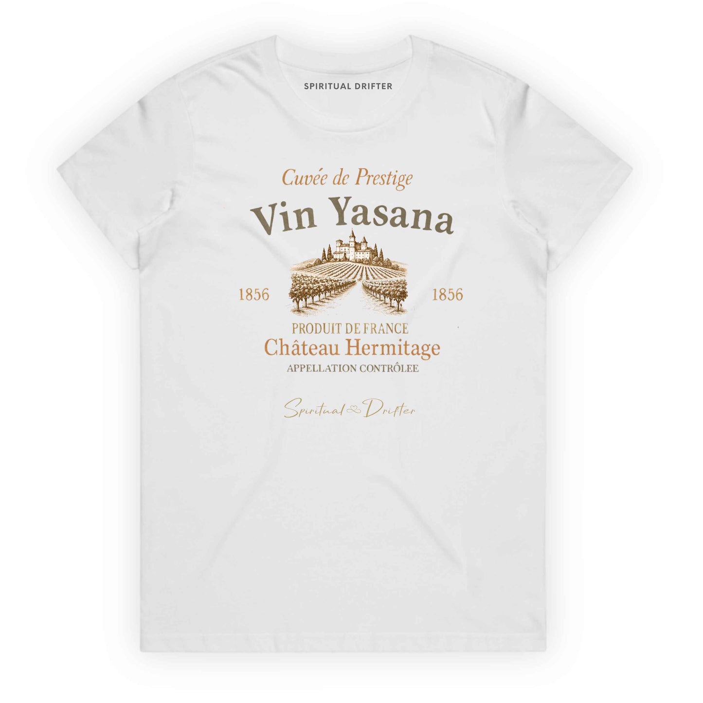 Spiritual Drifter “Vin Yasana” vintage wine label yoga parody graphic classic t shirt in white. Elevated spiritual apparel inspired by meditation, mindfulness, yoga, positive vibes, law of attraction and conscious living.