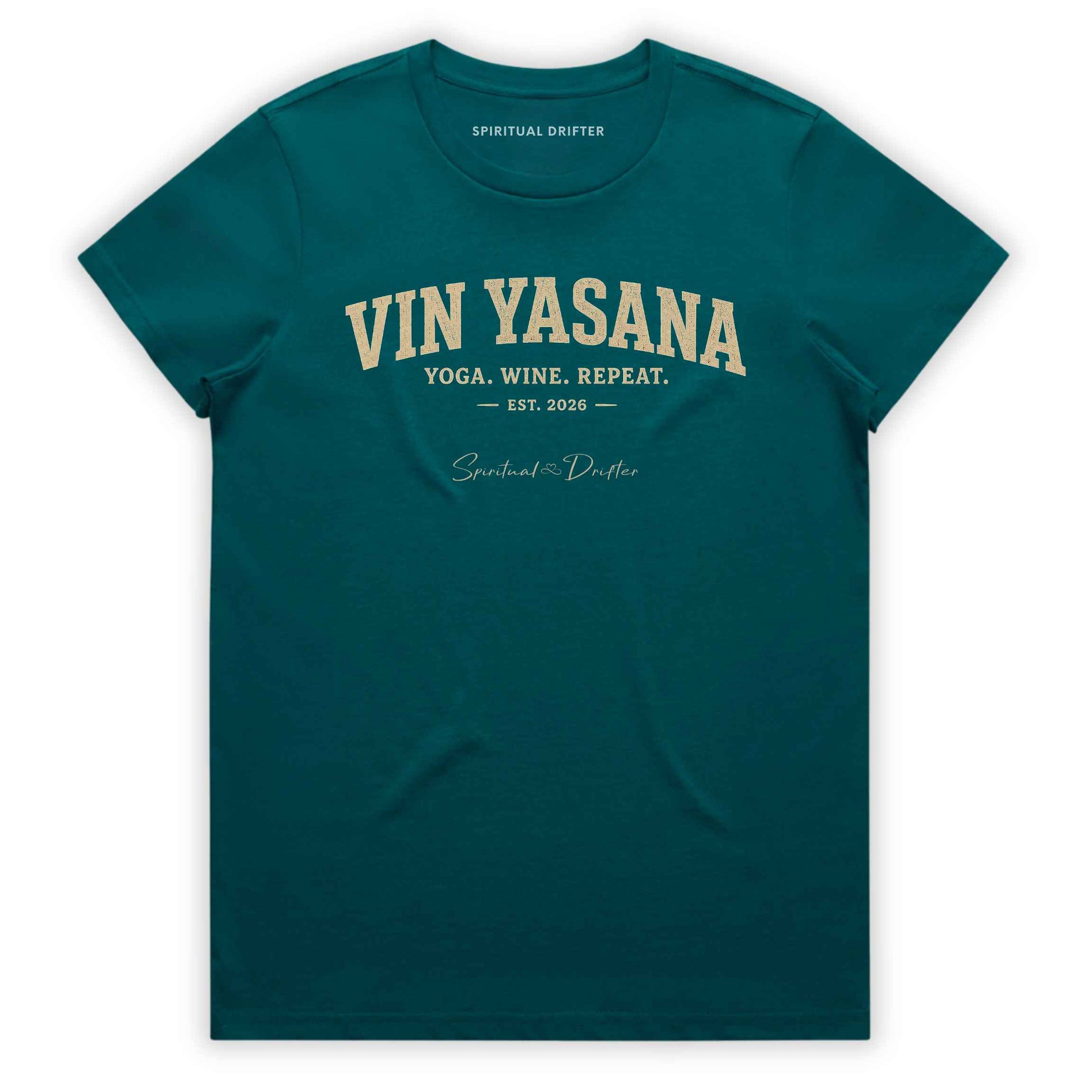 Atlantic Teal t-shirt with 'VIN YASANA' text on a white background. Women's graphic yoga shirt inspired by mindful living, wellness culture, meditation retreats, spiritual exploration, and the art of slowing down. Yin Yasana design by Spiritual Drifter.