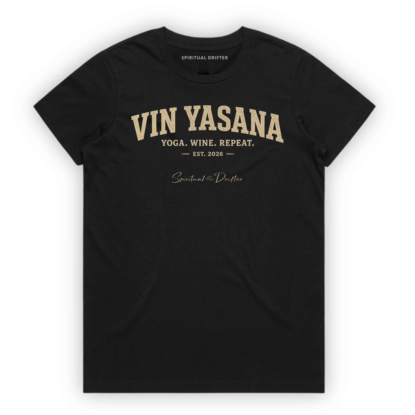 Black t shirt. Spiritual Drifter Yin Yasana women's graphic t-shirt featuring a yoga and wine inspired design. Conscious lifestyle apparel for yoga lovers, wellness enthusiasts, mindful living, meditation practice, retreat travel, and spiritual growth.