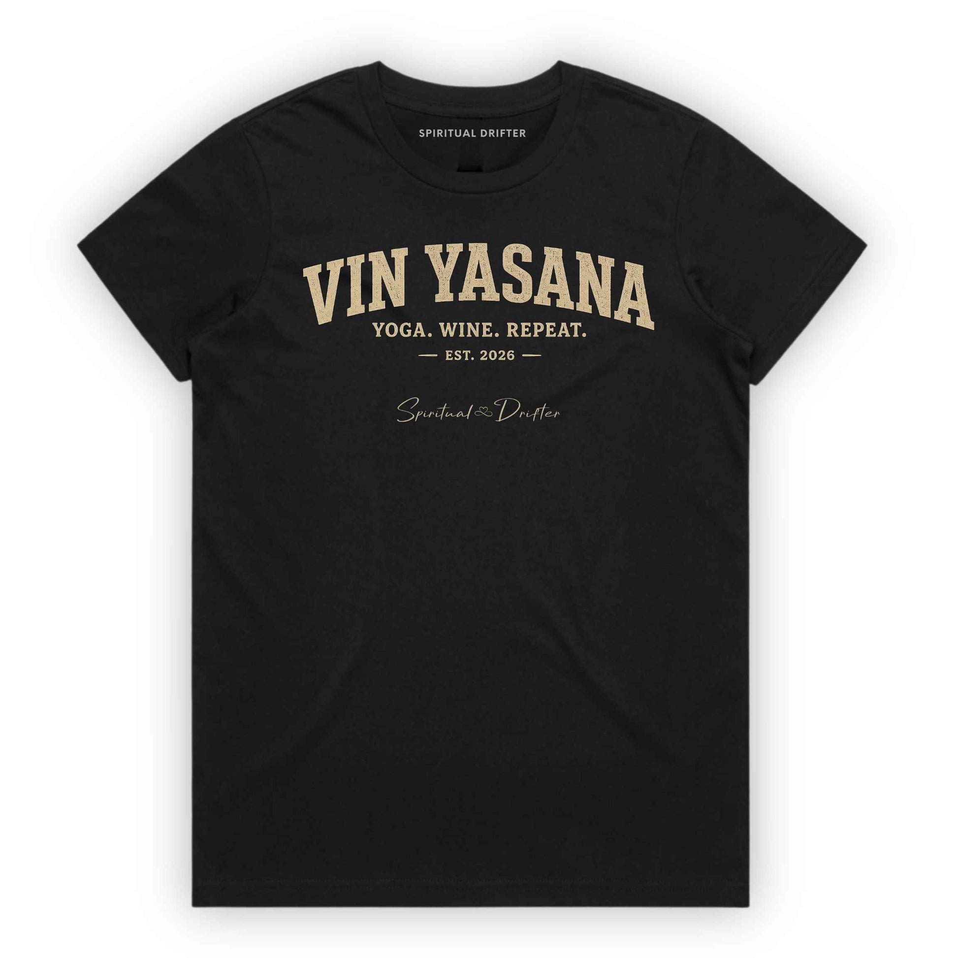 Black t shirt. Spiritual Drifter Yin Yasana women's graphic t-shirt featuring a yoga and wine inspired design. Conscious lifestyle apparel for yoga lovers, wellness enthusiasts, mindful living, meditation practice, retreat travel, and spiritual growth.