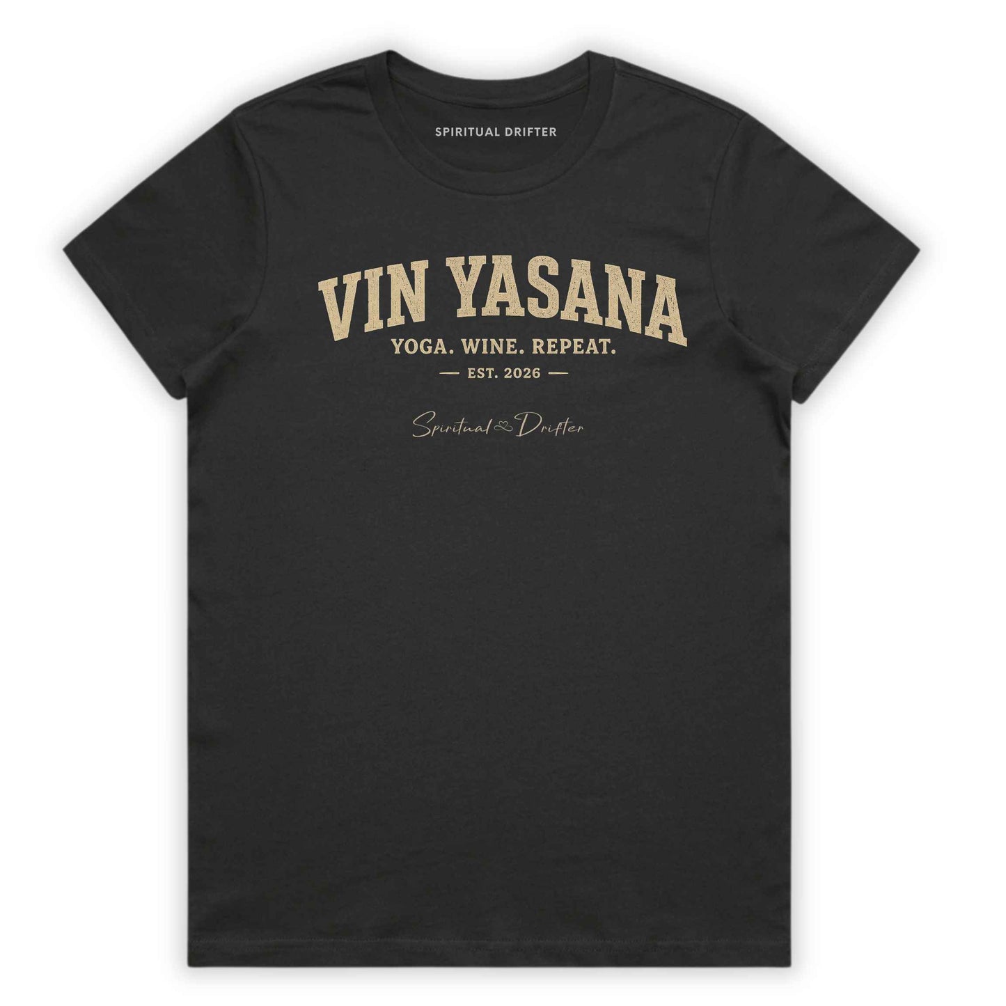 Charcoal Spiritual Drifter t shirt. Modern spiritual apparel featuring the Yin Yasana graphic design. Women's yoga t-shirt inspired by mindfulness, conscious living, meditation, wellness travel, wine country adventures, and balanced living.