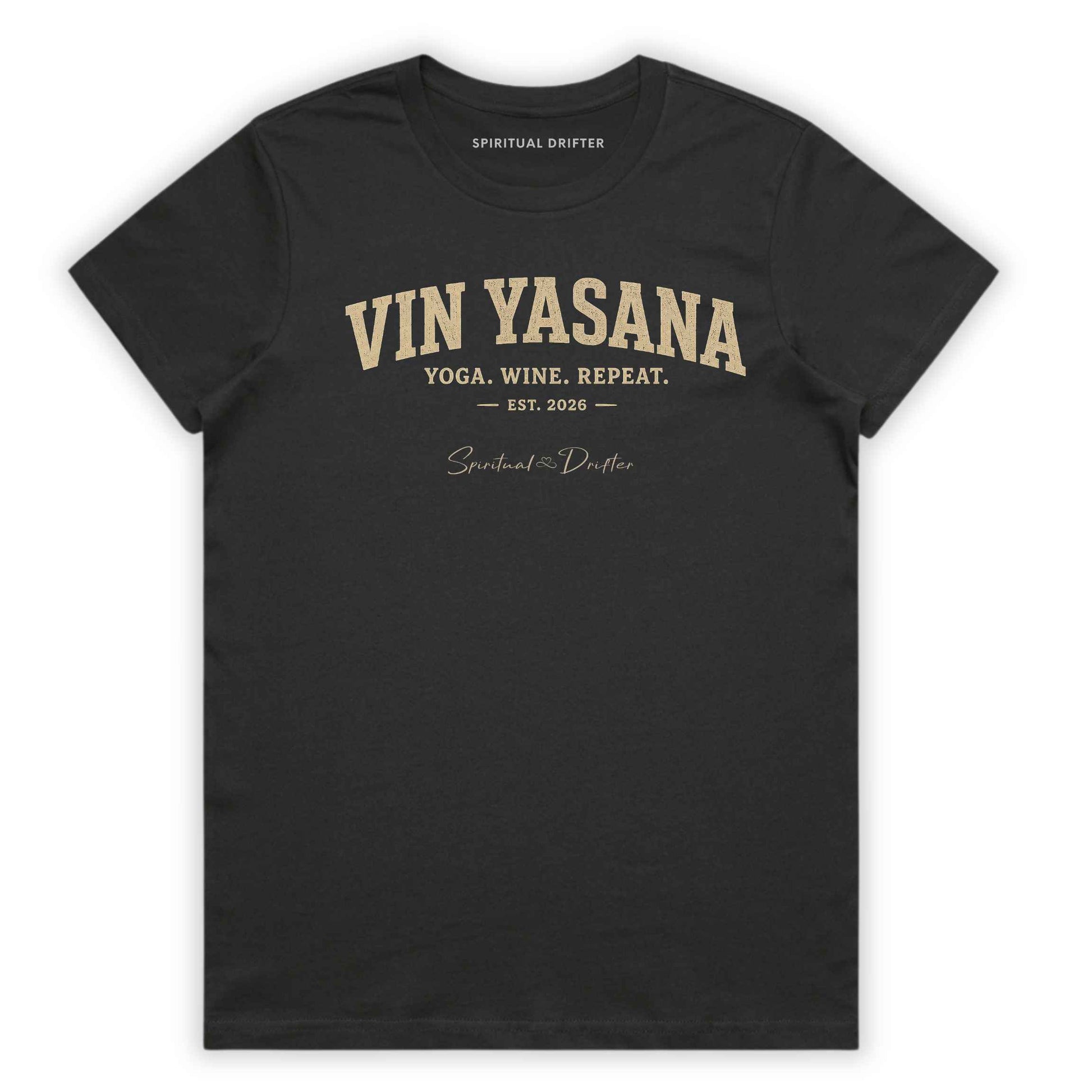 Charcoal Spiritual Drifter t shirt. Modern spiritual apparel featuring the Yin Yasana graphic design. Women's yoga t-shirt inspired by mindfulness, conscious living, meditation, wellness travel, wine country adventures, and balanced living.