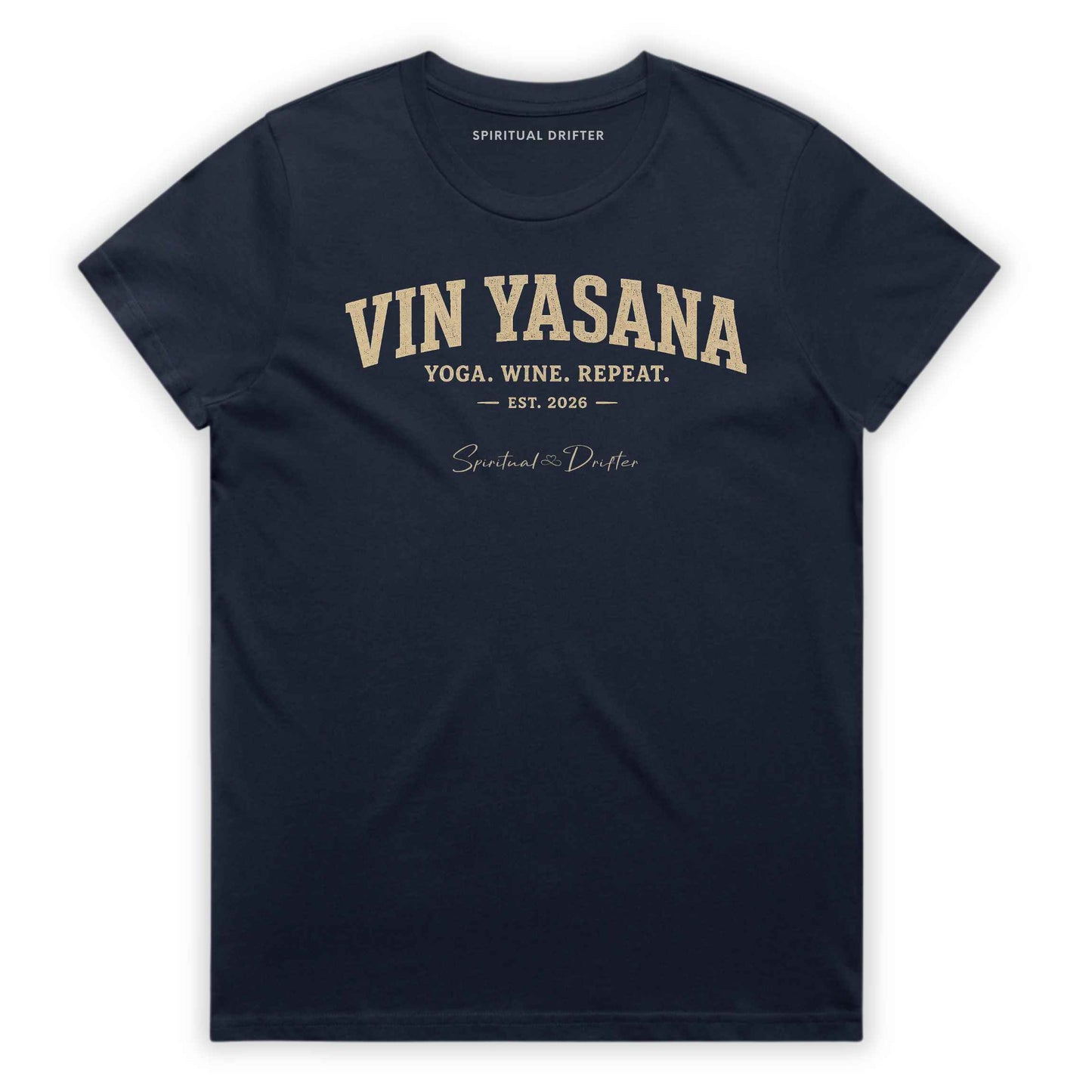 Navy Midnight Blue  t shirt. Women's graphic yoga shirt inspired by mindful living, wellness culture, meditation retreats, spiritual exploration, and the art of slowing down. Yin Yasana design by Spiritual Drifter.